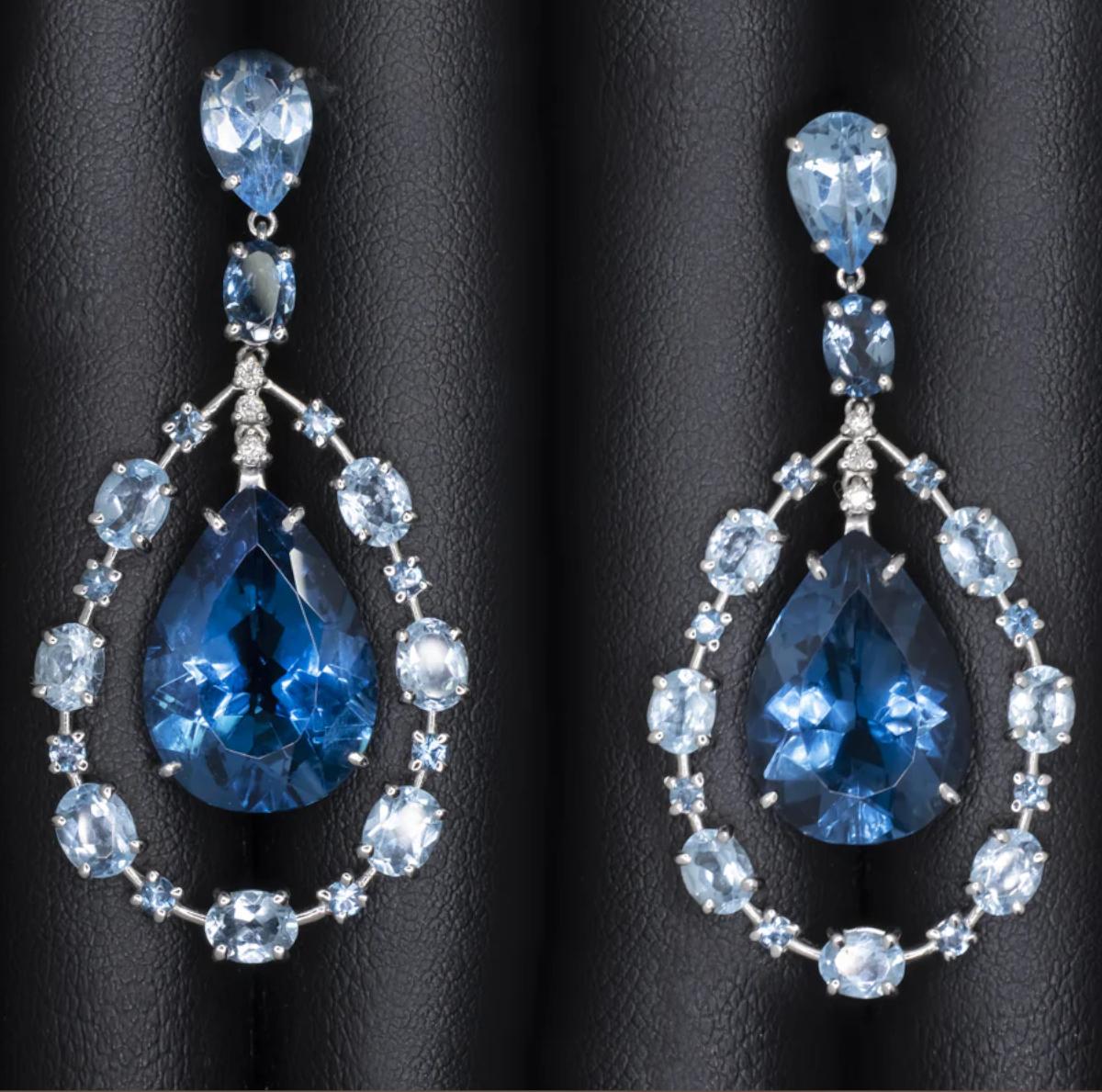 29 Carat London Blue Topaz and Diamond Dangle Earrings in 18K White Gold In New Condition For Sale In Chicago, IL