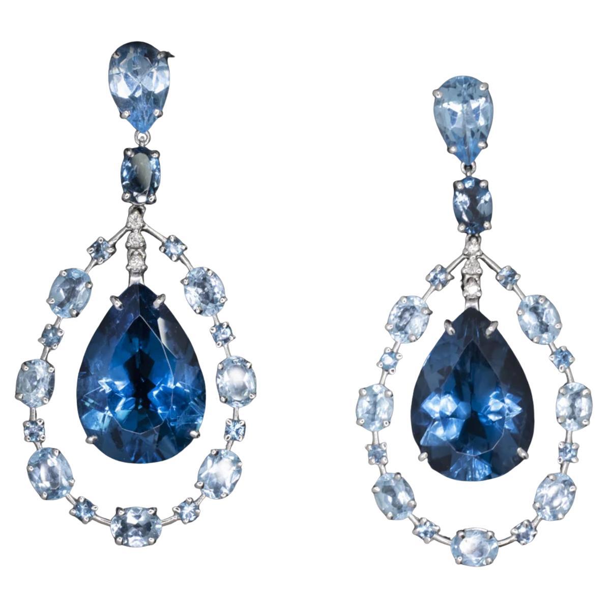 29 Carat London Blue Topaz and Diamond Dangle Earrings in 18K White Gold For Sale