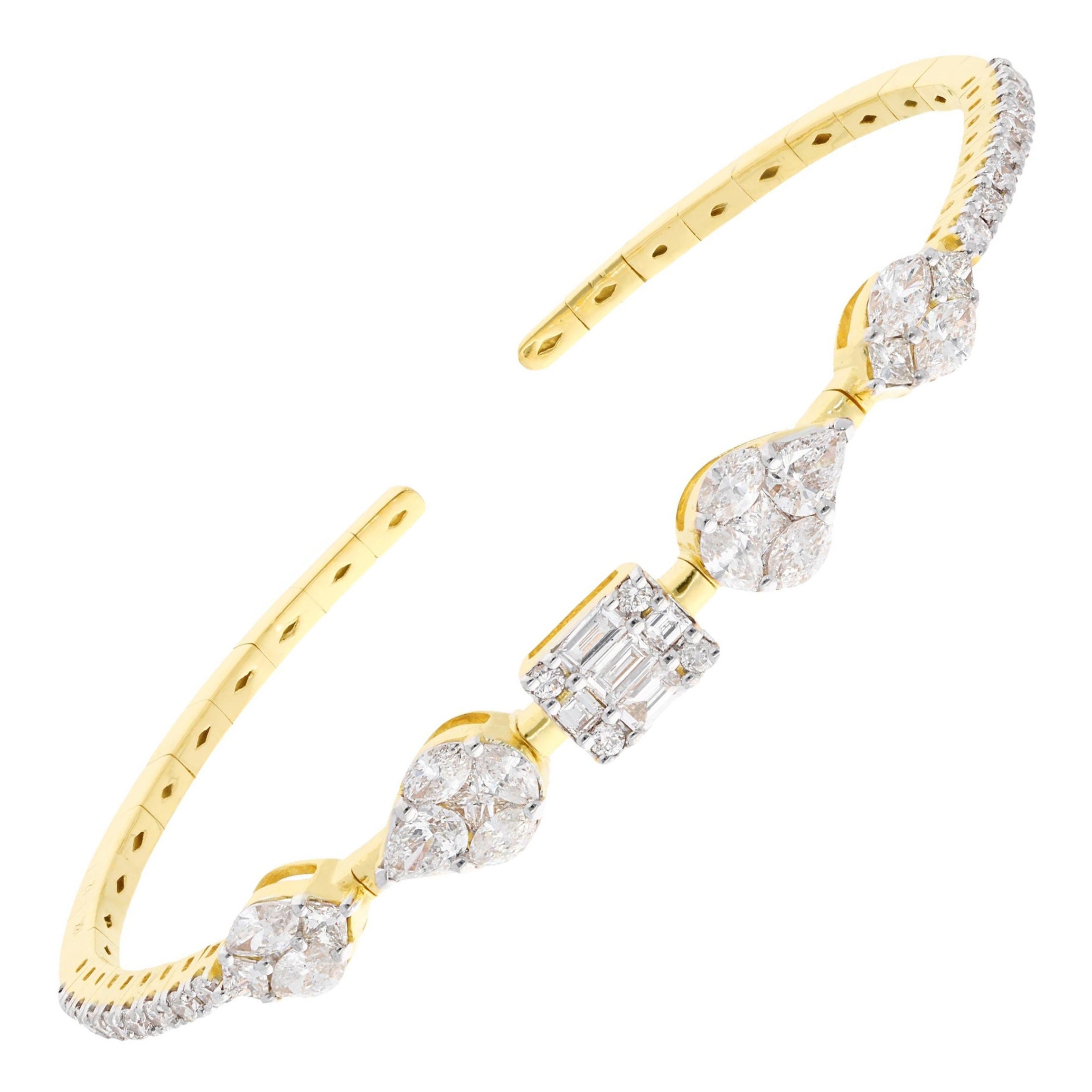 2.9 Carat Mixed Cut Diamond Cuff Bangle Bracelet 18 Karat Yellow Gold