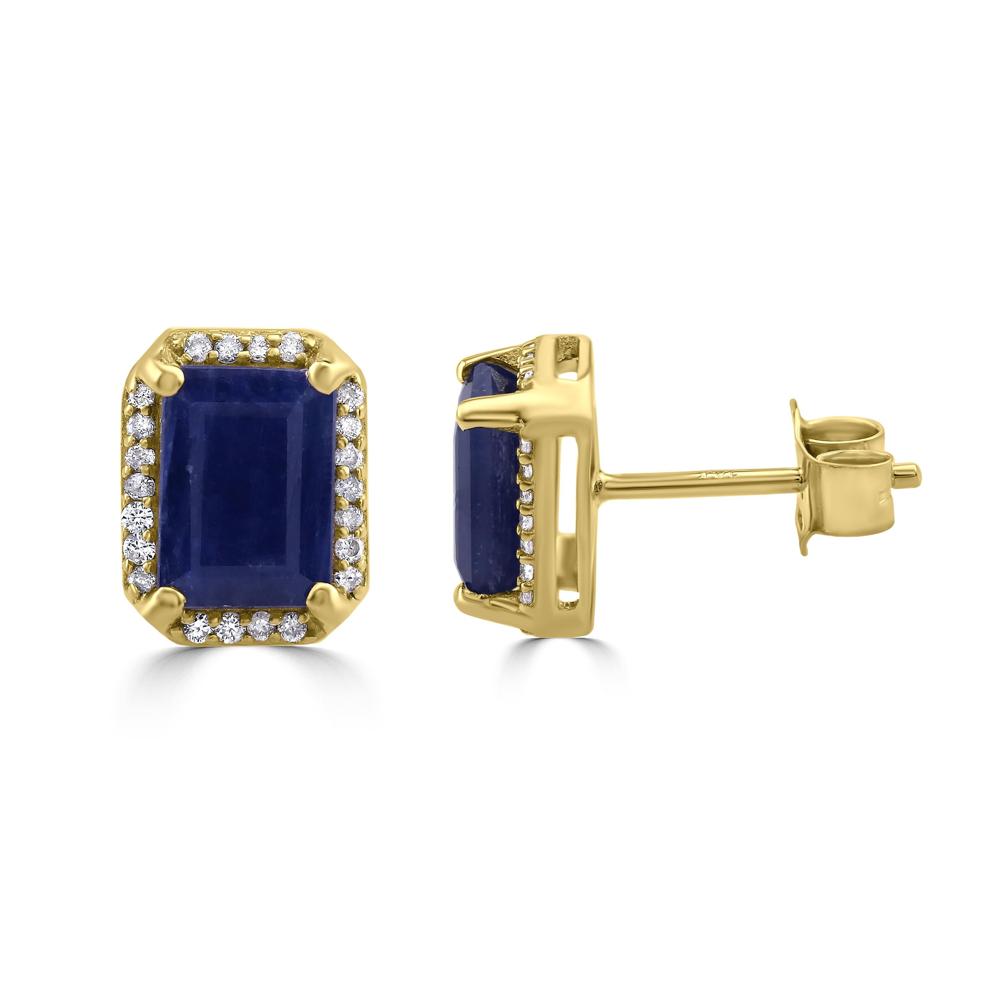 Contemporary Gemistry 2.9 Carat Octagon Blue Sapphire Stud Earrings with Diamond in 14K Gold For Sale