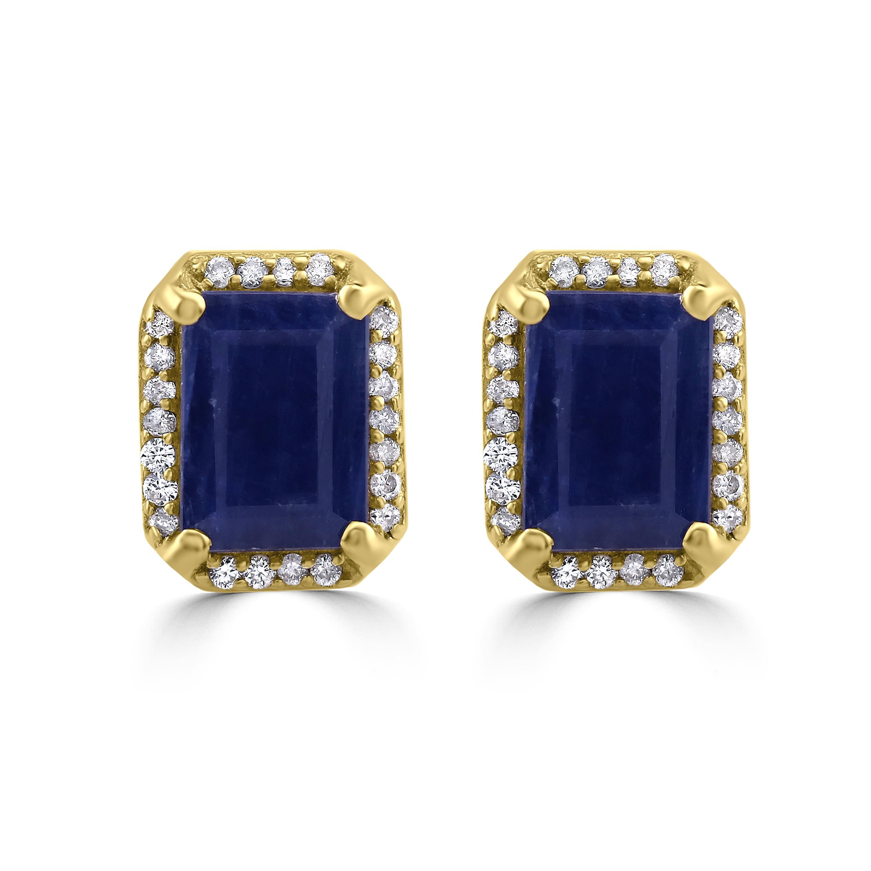 Octagon Cut Gemistry 2.9 Carat Octagon Blue Sapphire Stud Earrings with Diamond in 14K Gold For Sale