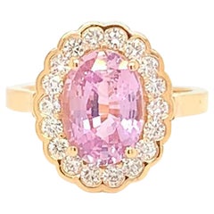 2.9 Carat Oval Cut Unheated Pink Sapphire and Diamond Ring in 18K Yellow Gold