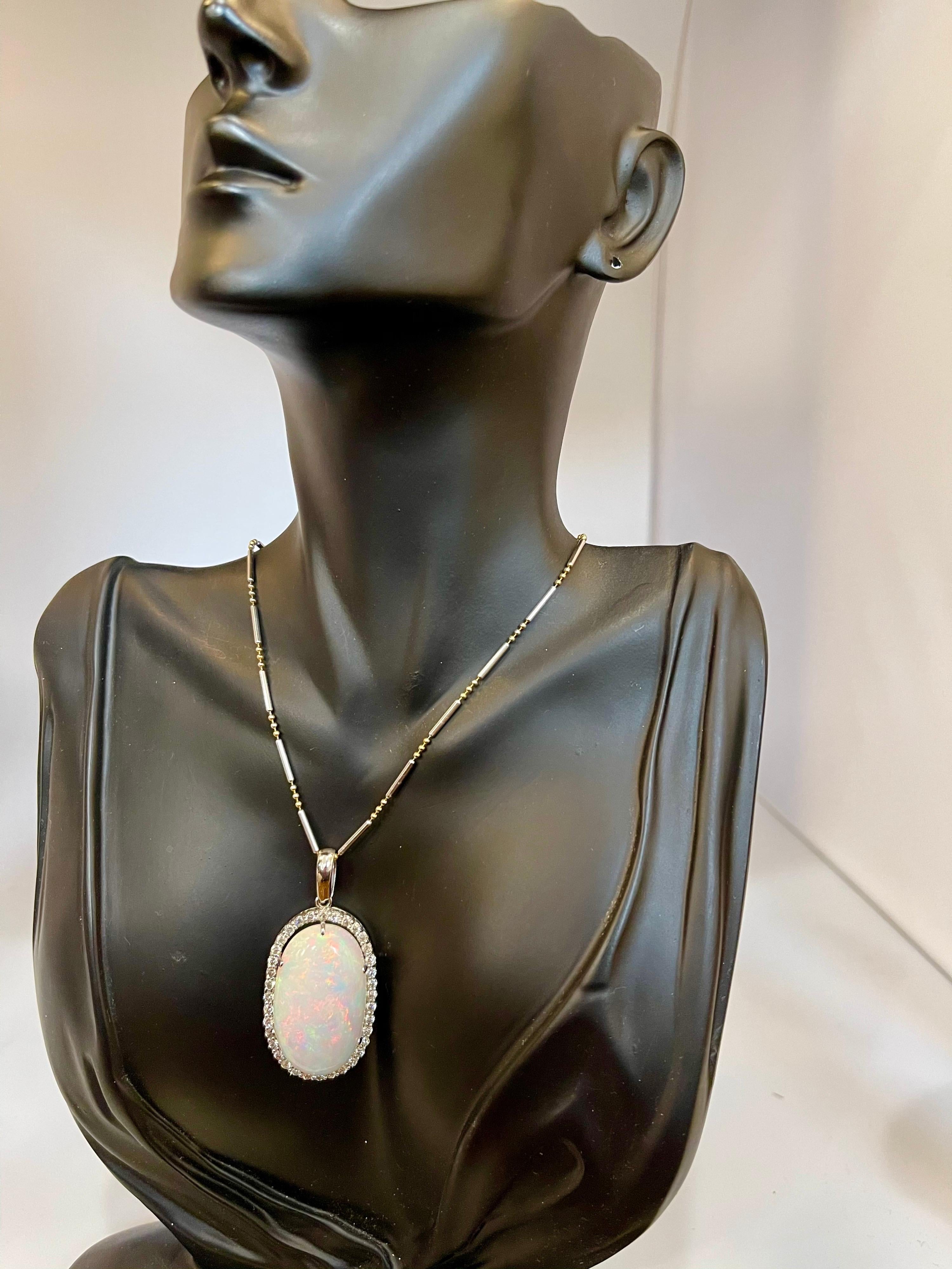 29 Carat Oval Ethiopian Opal and 2.5 Carat Diamond Pendant or Necklace 14K Gold 1