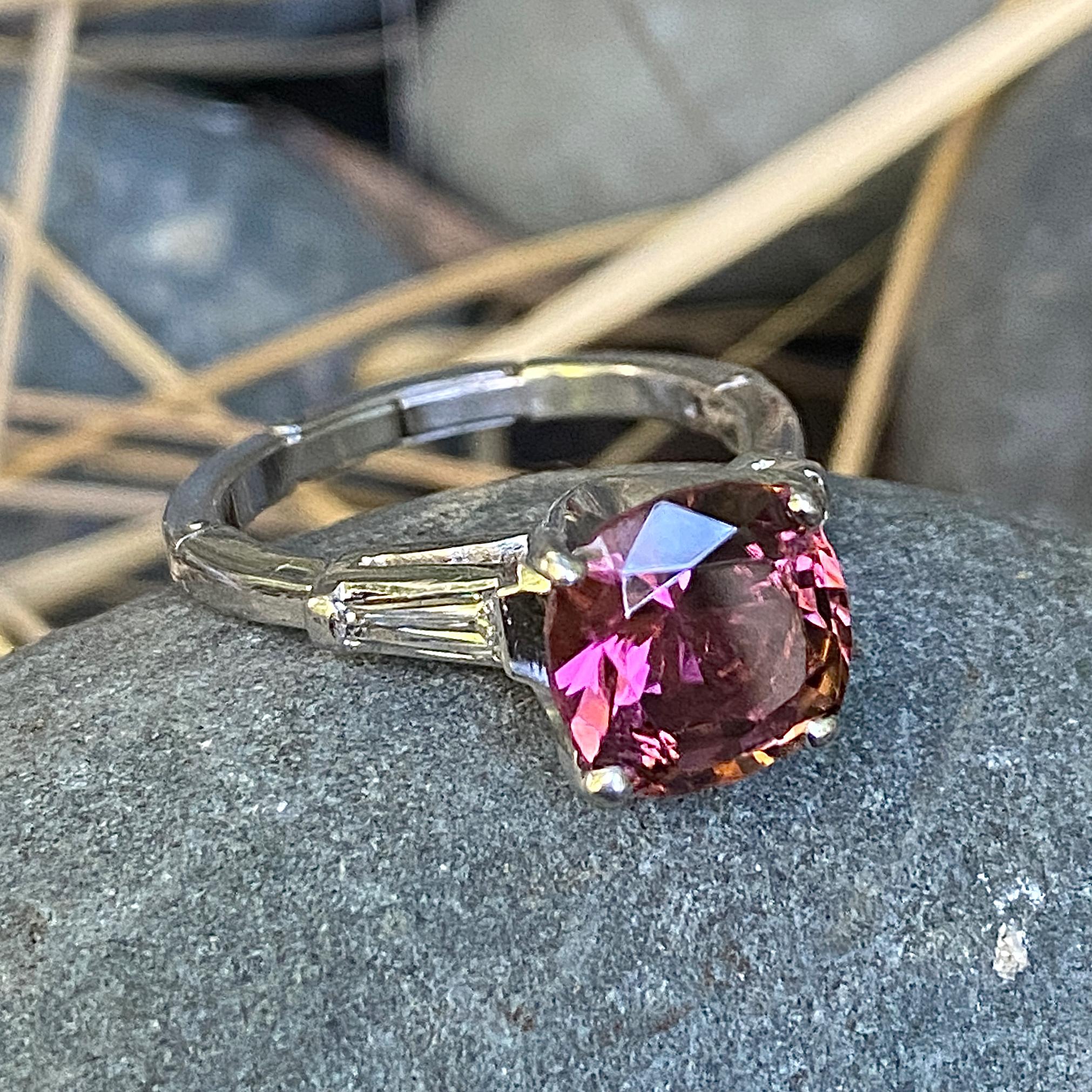 2.9 Carat Pink Tourmaline Engagement Ring with Baguettes in Platinum & Gold For Sale 1
