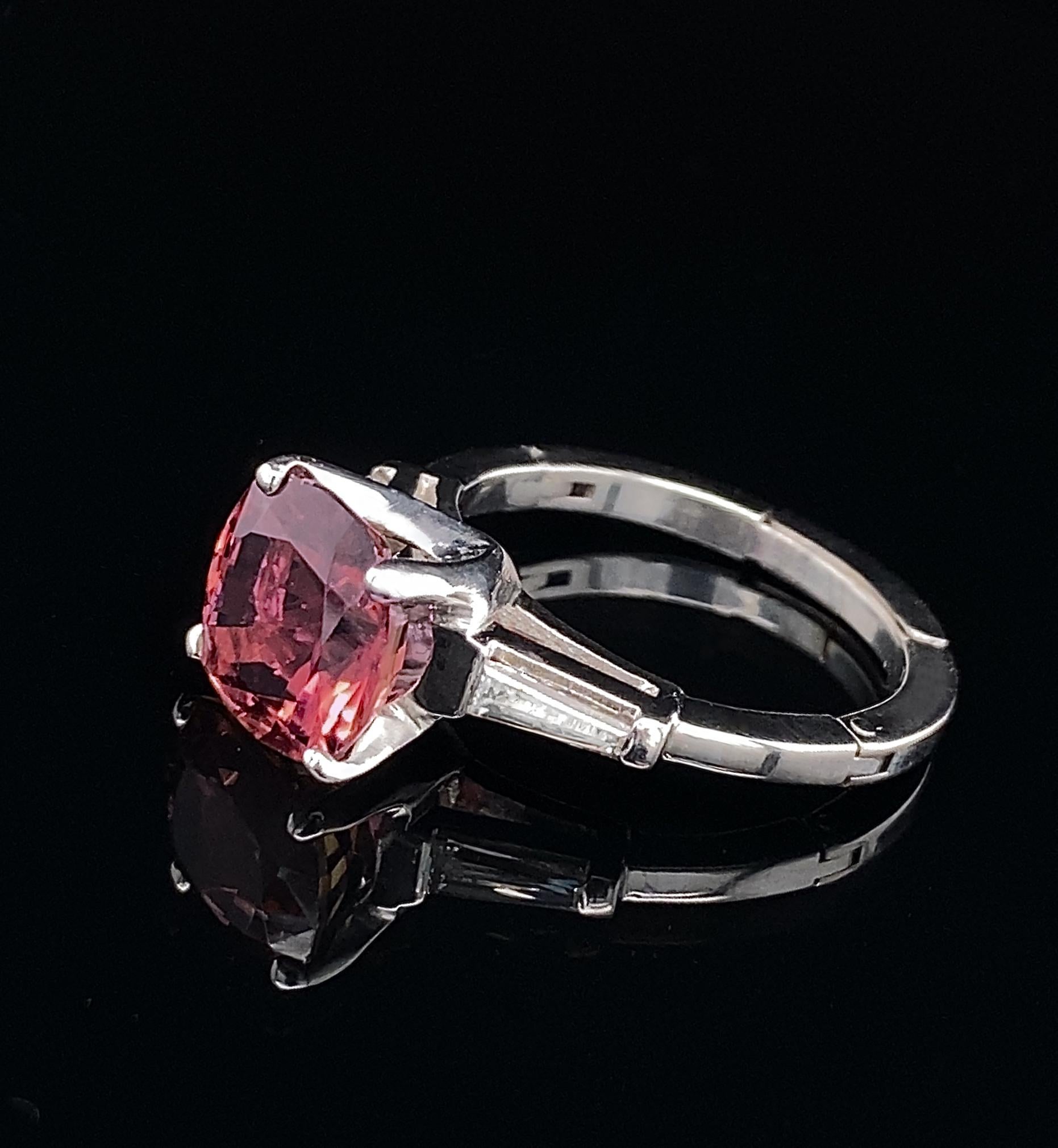 2.9 Carat Pink Tourmaline Engagement Ring with Baguettes in Platinum & Gold For Sale 2