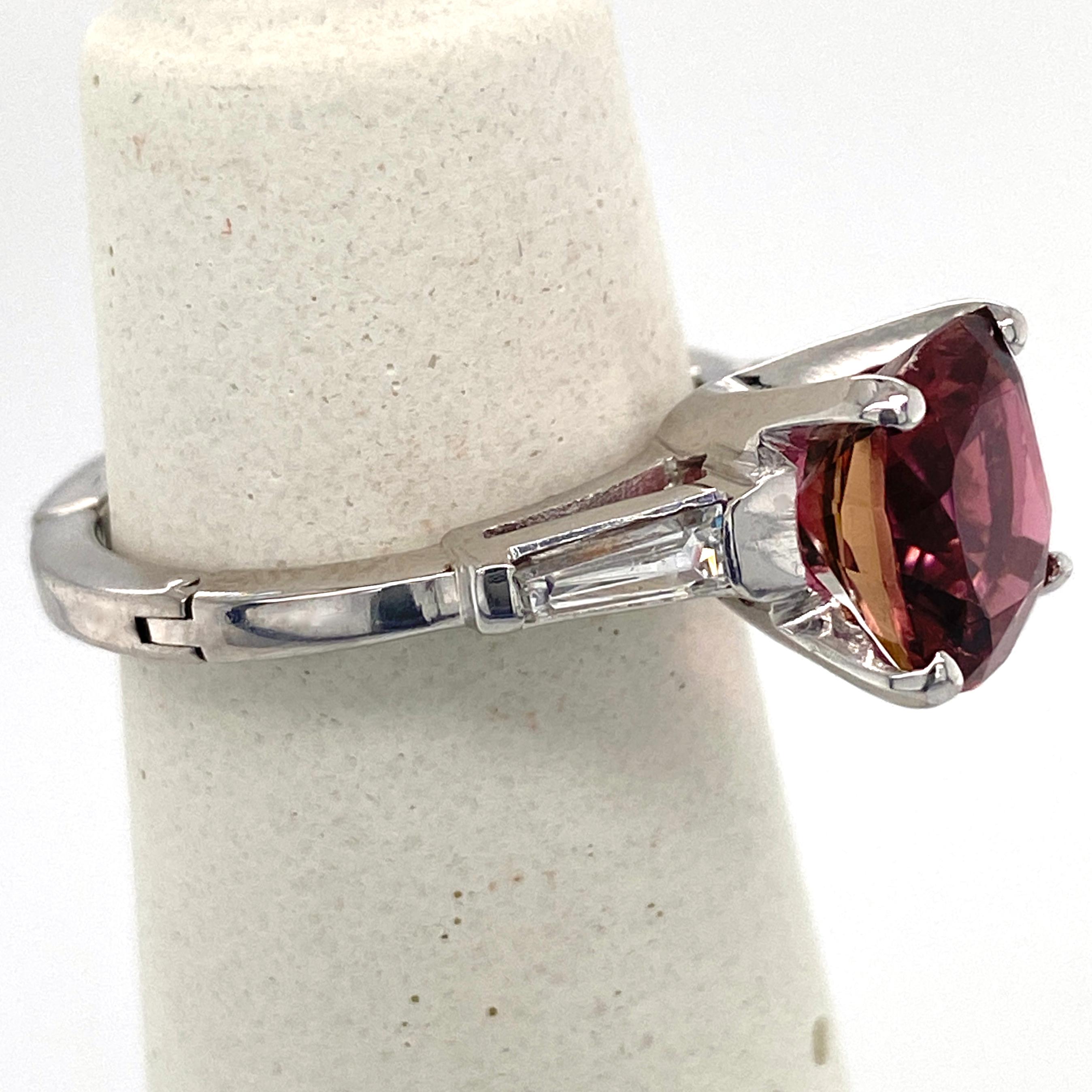 Art Deco 2.9 Carat Pink Tourmaline Engagement Ring with Baguettes in Platinum & Gold For Sale