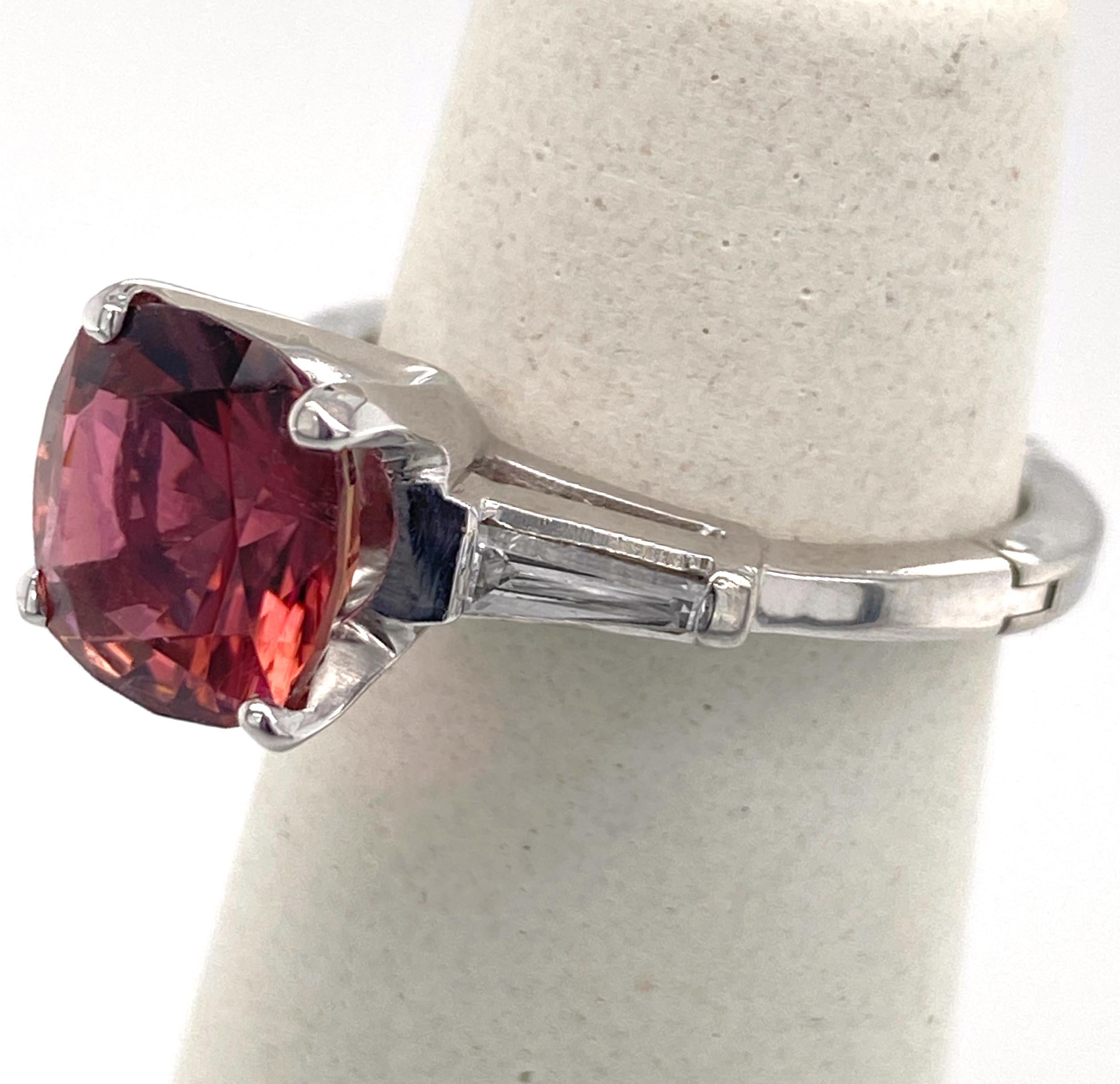 Cushion Cut 2.9 Carat Pink Tourmaline Engagement Ring with Baguettes in Platinum & Gold For Sale