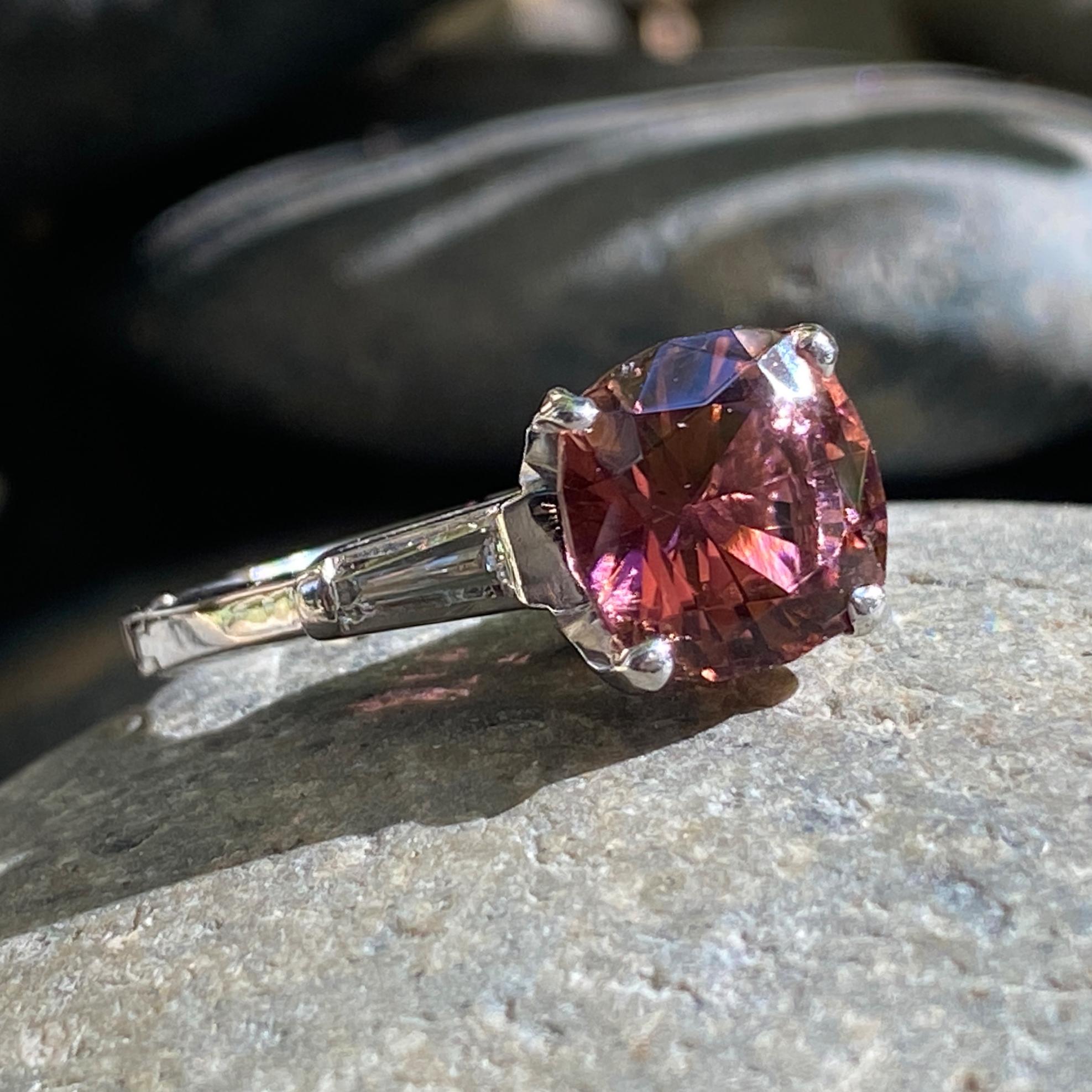 2.9 Carat Pink Tourmaline Engagement Ring with Baguettes in Platinum & Gold In Excellent Condition For Sale In Sherman Oaks, CA