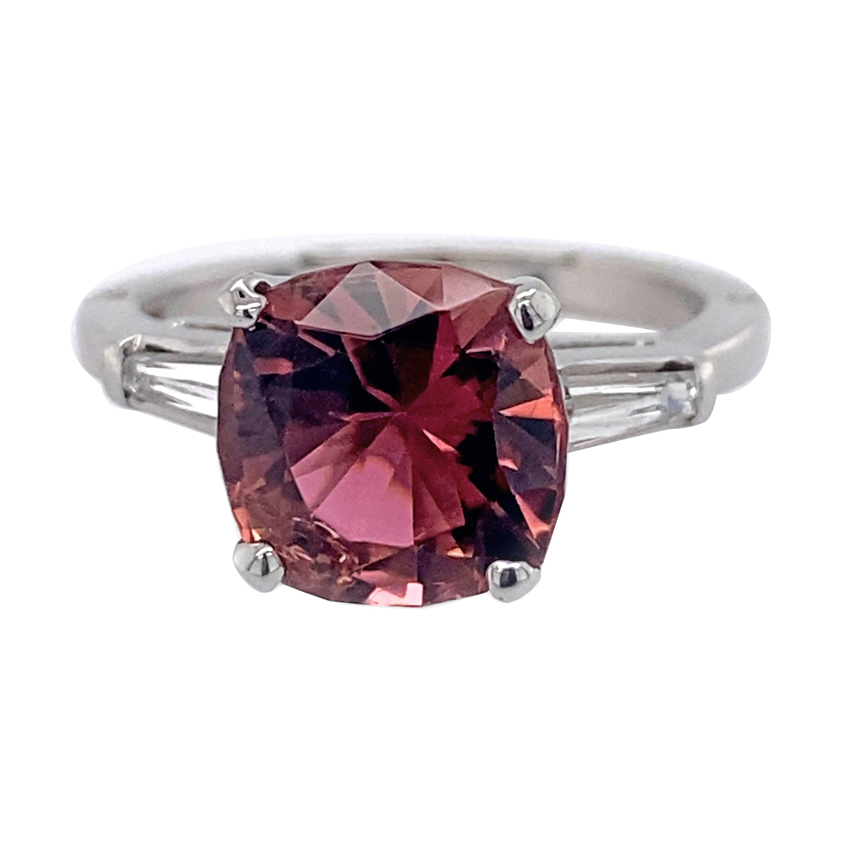 2.9 Carat Pink Tourmaline Engagement Ring with Baguettes in Platinum & Gold For Sale