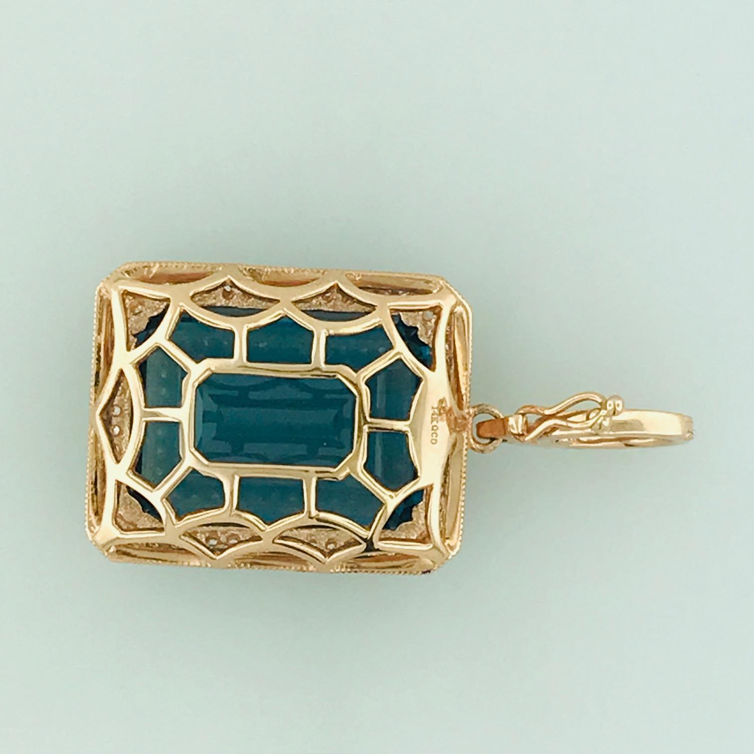 Emerald Cut 29 Carat Royal Blue Topaz .60 Carat Diamond Rose Gold Necklace Pendant Enhancer