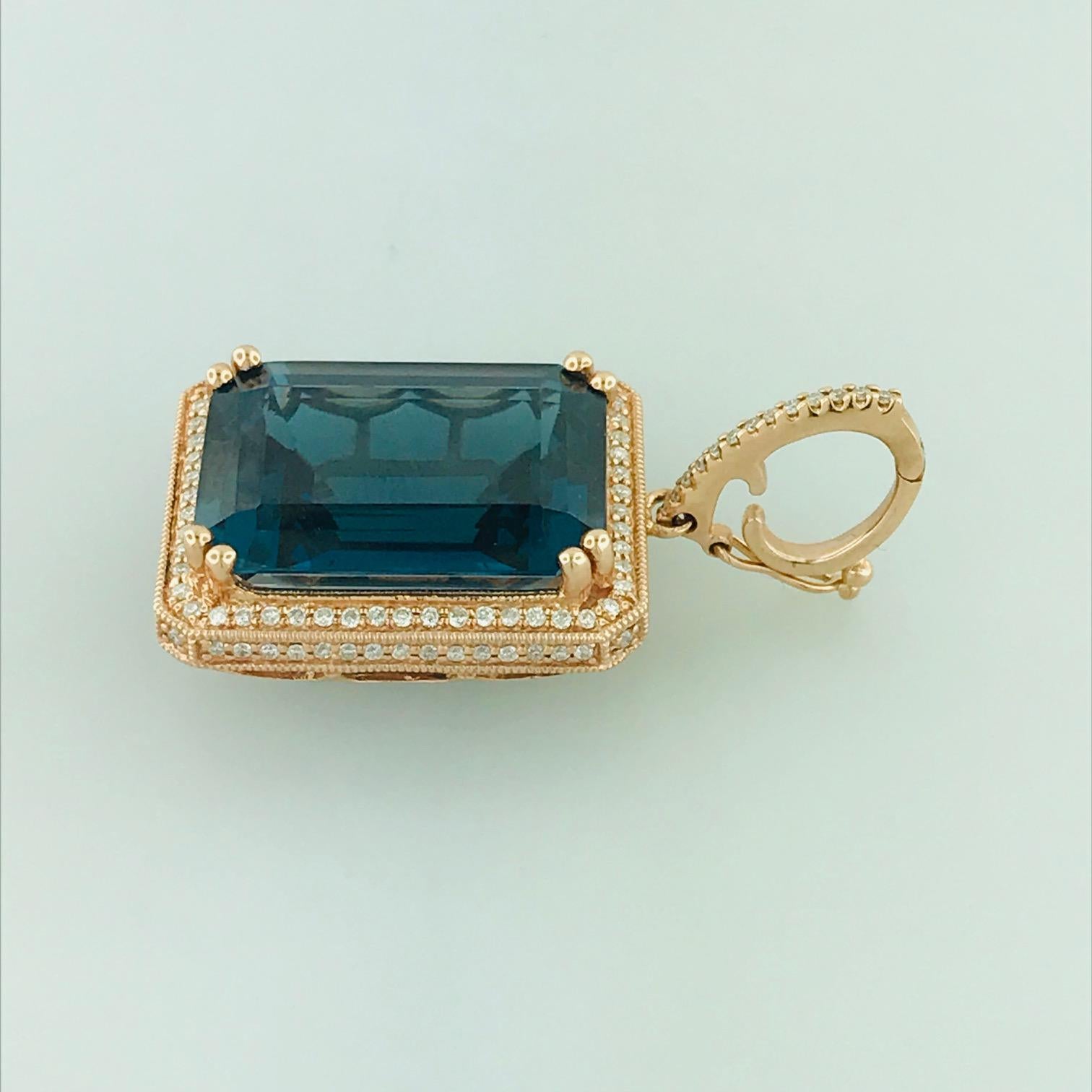 29 Carat Royal Blue Topaz .60 Carat Diamond Rose Gold Necklace Pendant Enhancer In New Condition In Austin, TX