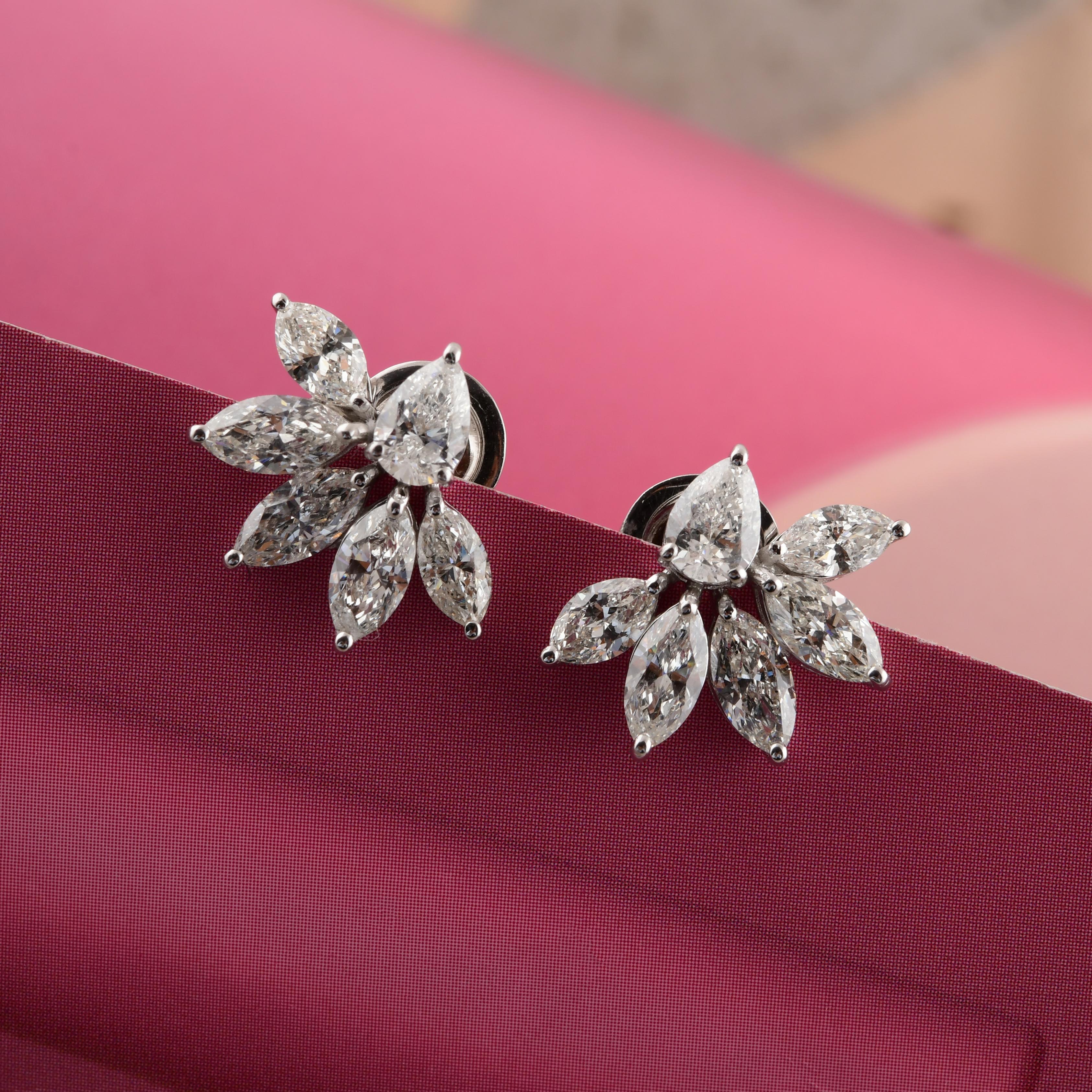 Marquise Cut 2.9 Carat SI Clarity HI Color Marquise Pear Diamond Earrings 18 Karat White Gold For Sale