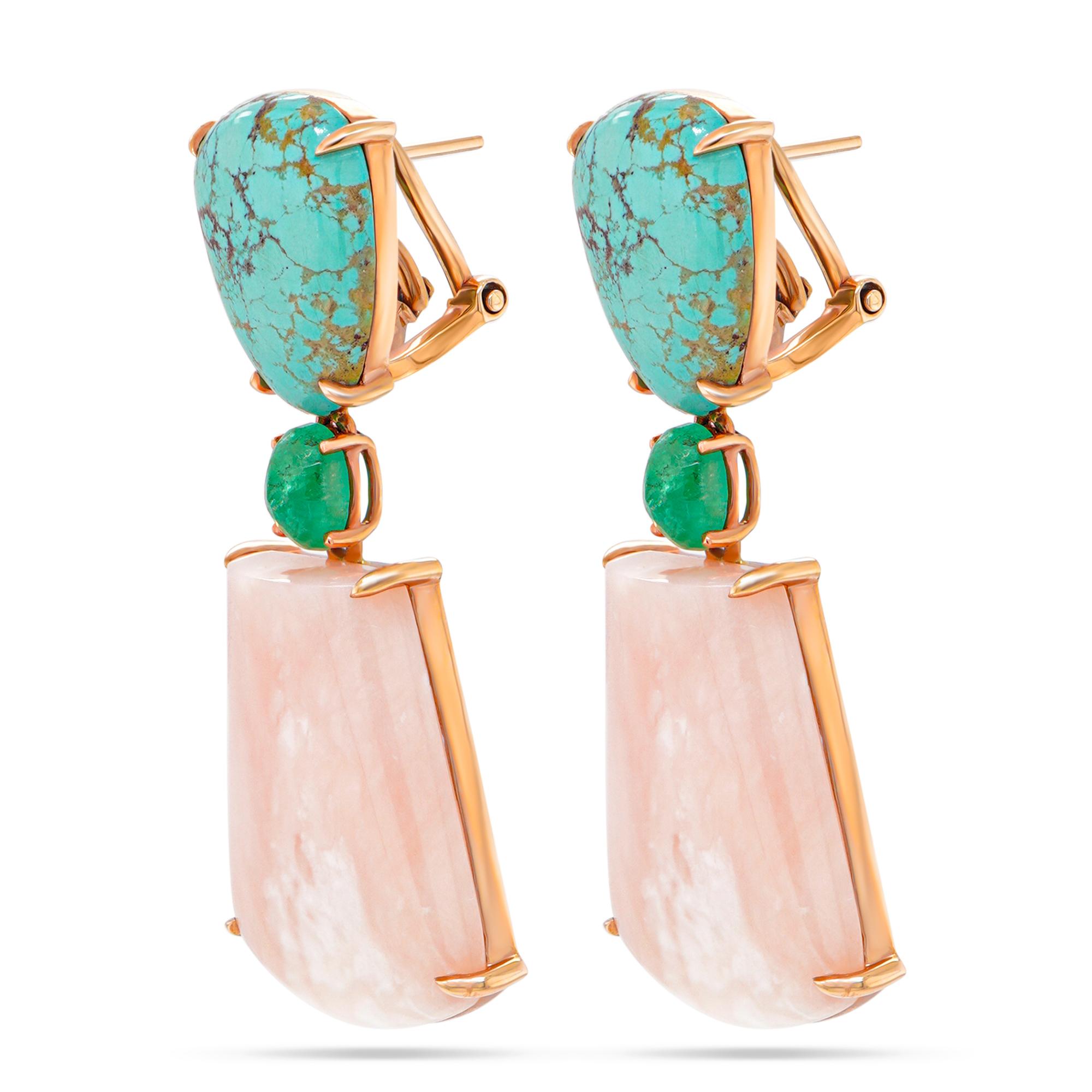 An organic combination of 29 Carats of Pink Opal with 10 carats of Arizona Turquoise are set together with 1.25 carats of Colombian Emeralds. This earring is hand made in Hong Kong in 18K