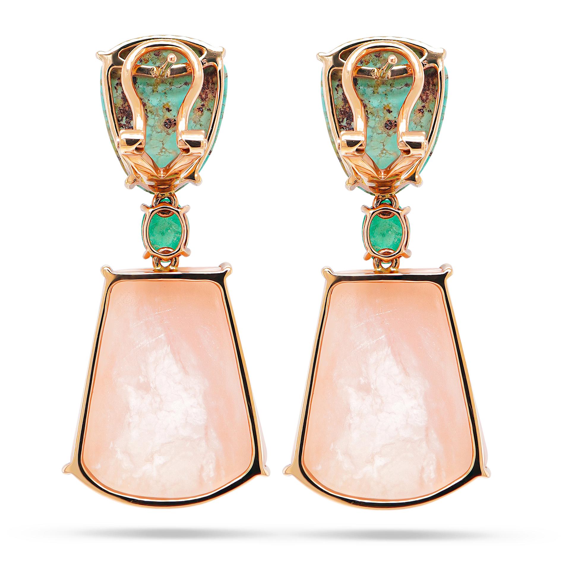 Art Nouveau 29 Carats Pink Opal 10.23 Carat Turquoise 18K Dangle Earring  For Sale