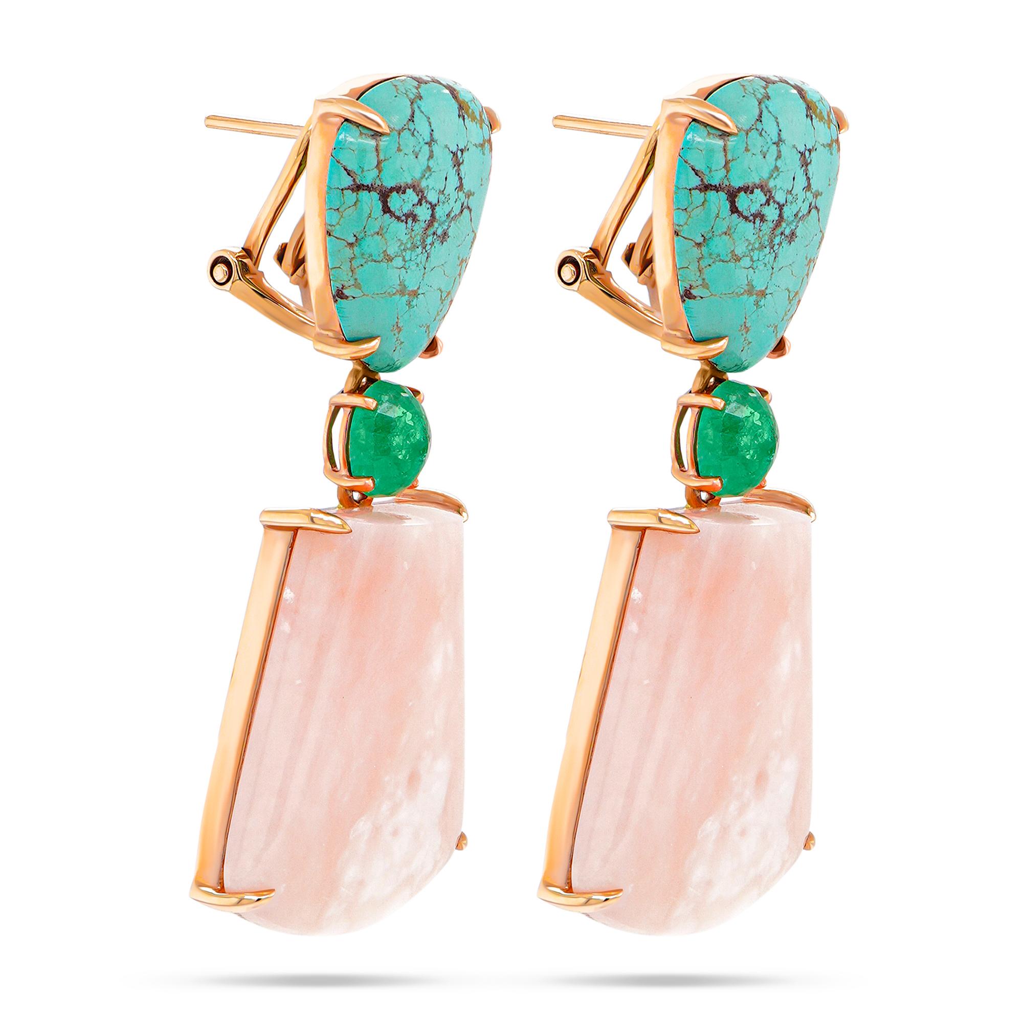 Round Cut 29 Carats Pink Opal 10.23 Carat Turquoise 18K Dangle Earring  For Sale