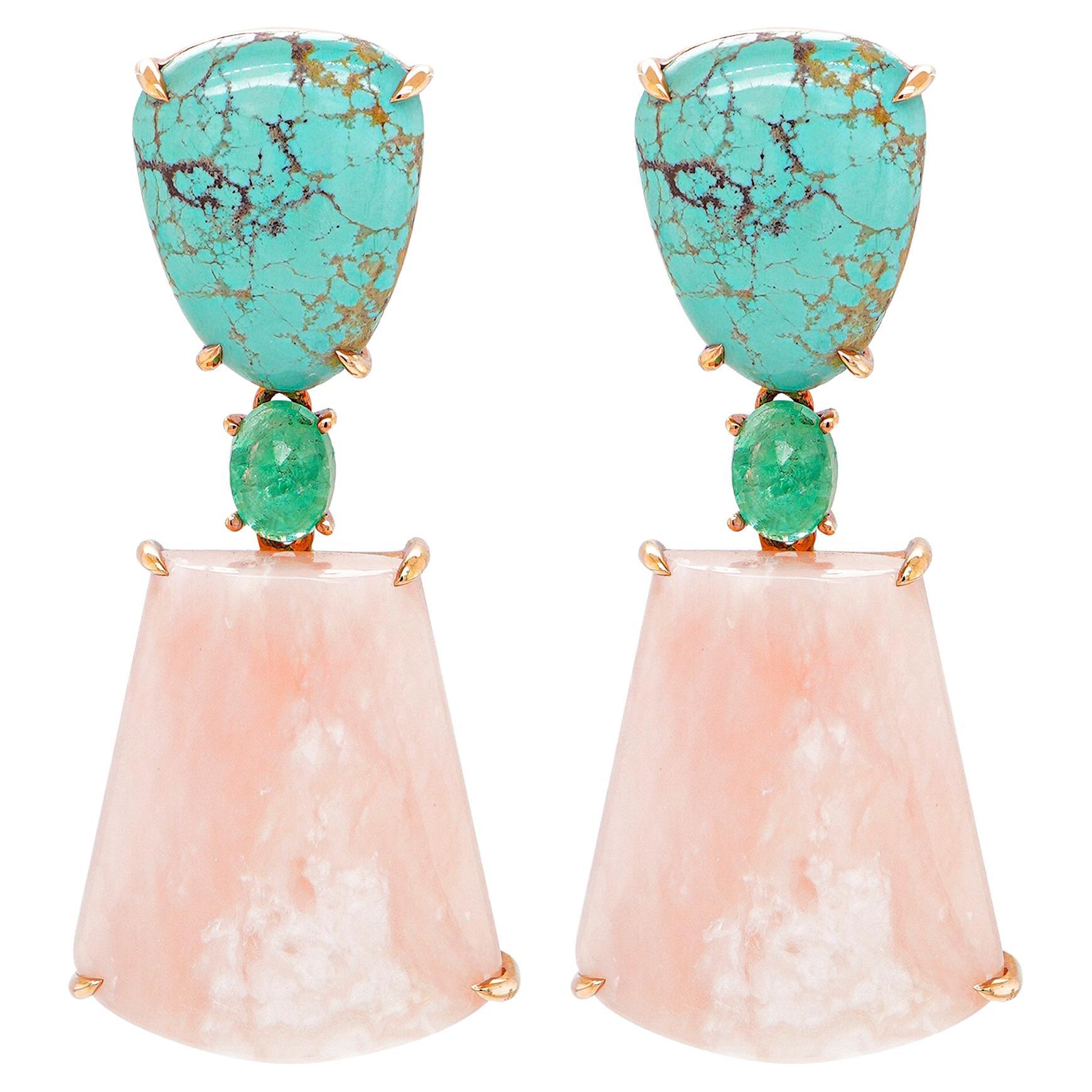 29 Carats Pink Opal 10.23 Carat Turquoise 18K Dangle Earring  For Sale