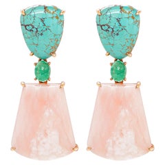 29 Carats Pink Opal 10.23 Carat Turquoise 18K Dangle Earring 