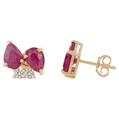 2.9 CT Pear Mozambique Ruby & Diamond Cluster Stud Earrings in 14k Yellow Gold