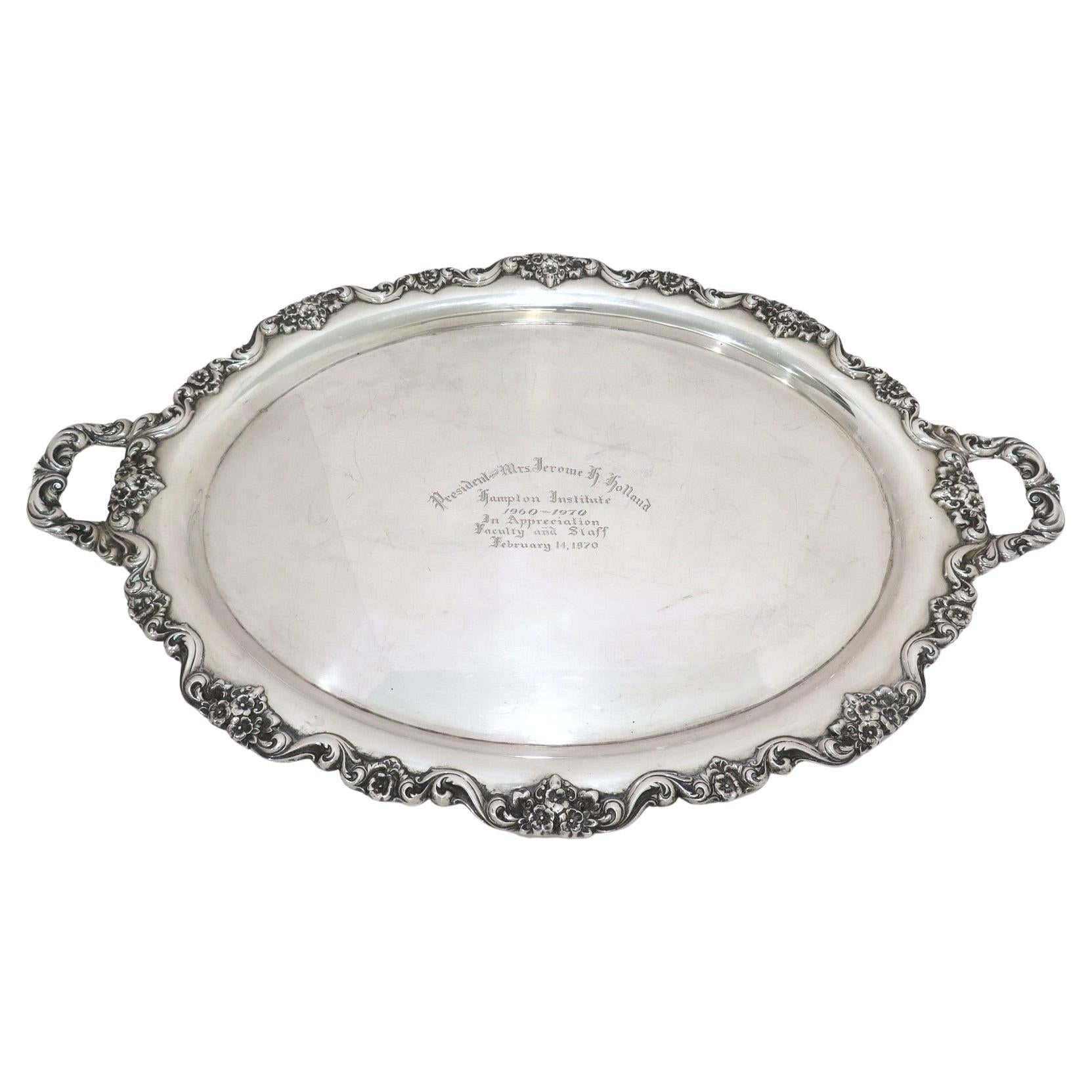 Sterling Silver Poole Vintage Floral Scroll Rim Oval Tray with Handles