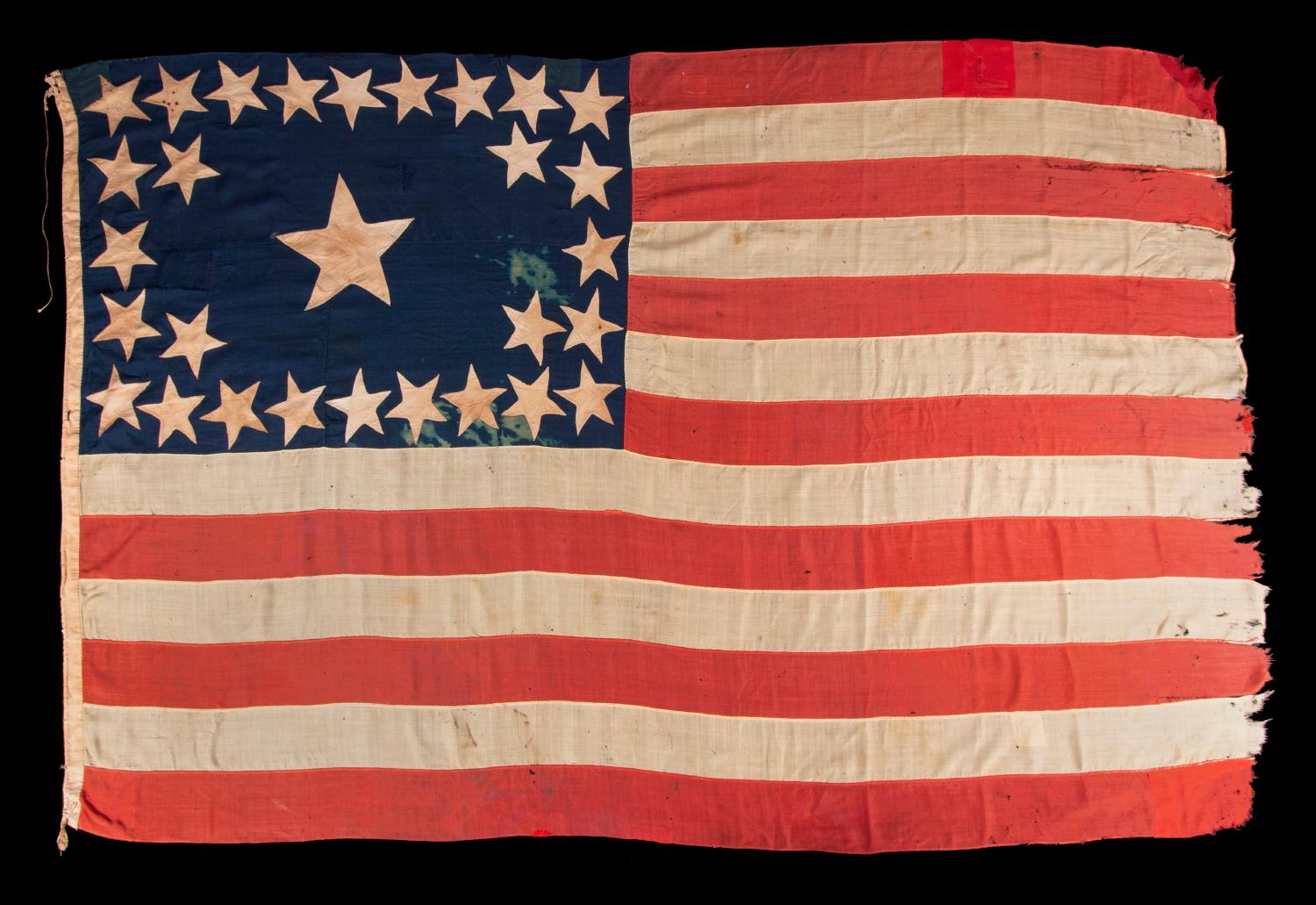 29 STARS IN A SPECTACULAR, RECTANGULAR MEDALLION WITH 4 STARS INSIDE THE PERIMETER AND A HUGE CENTER STAR ON AN OPEN BLUE EXPANSE; AMONG THE RAREST OF ALL KNOWN STAR COUNTS ON PIECED-AND-SEWN EXAMPLES, IOWA STATEHOOD, 1846-48, MEXICAN WAR PERIOD