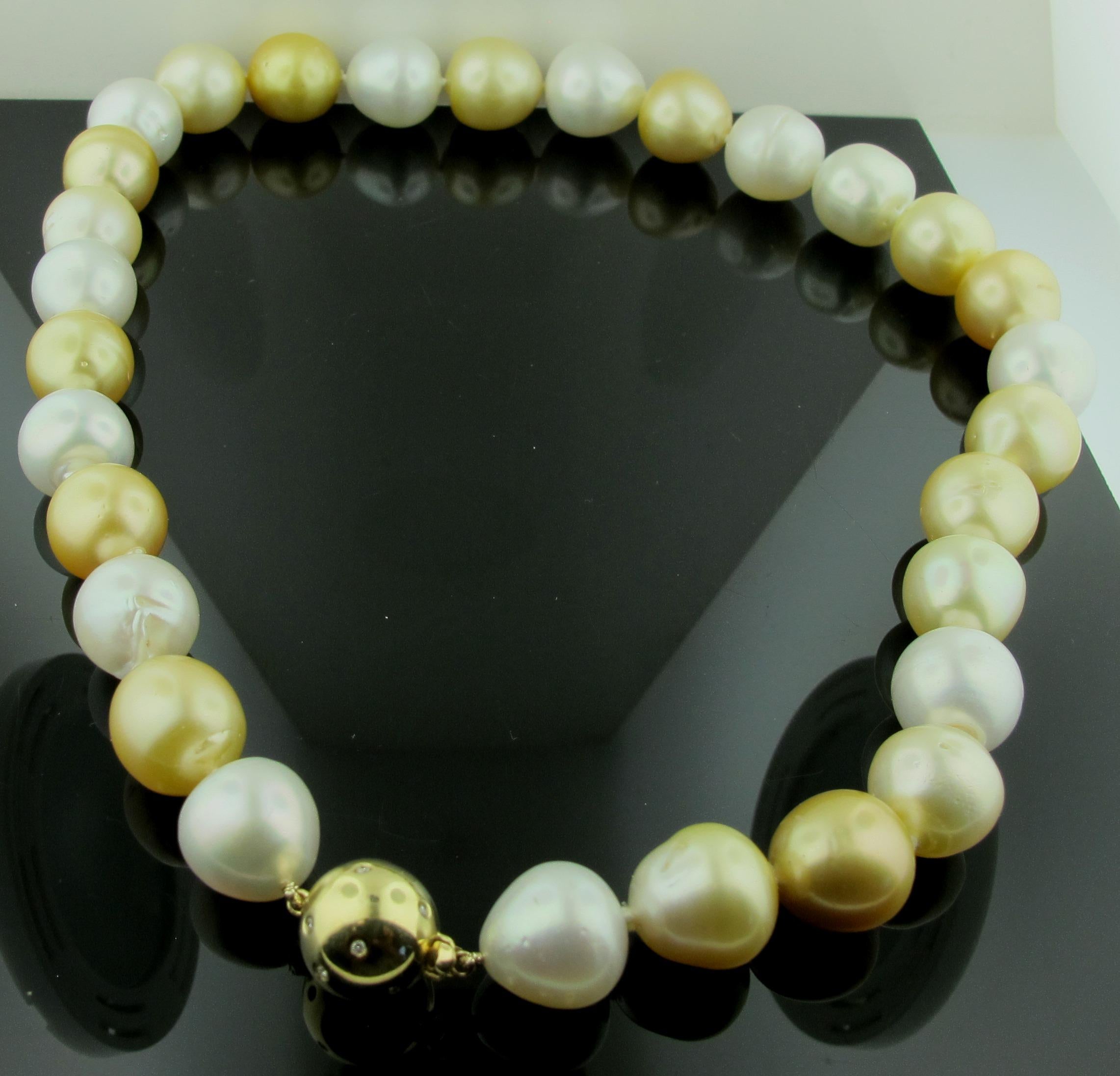 Round Cut 29 White and Gold Pearl Necklace with a Gold and Diamond Clasp