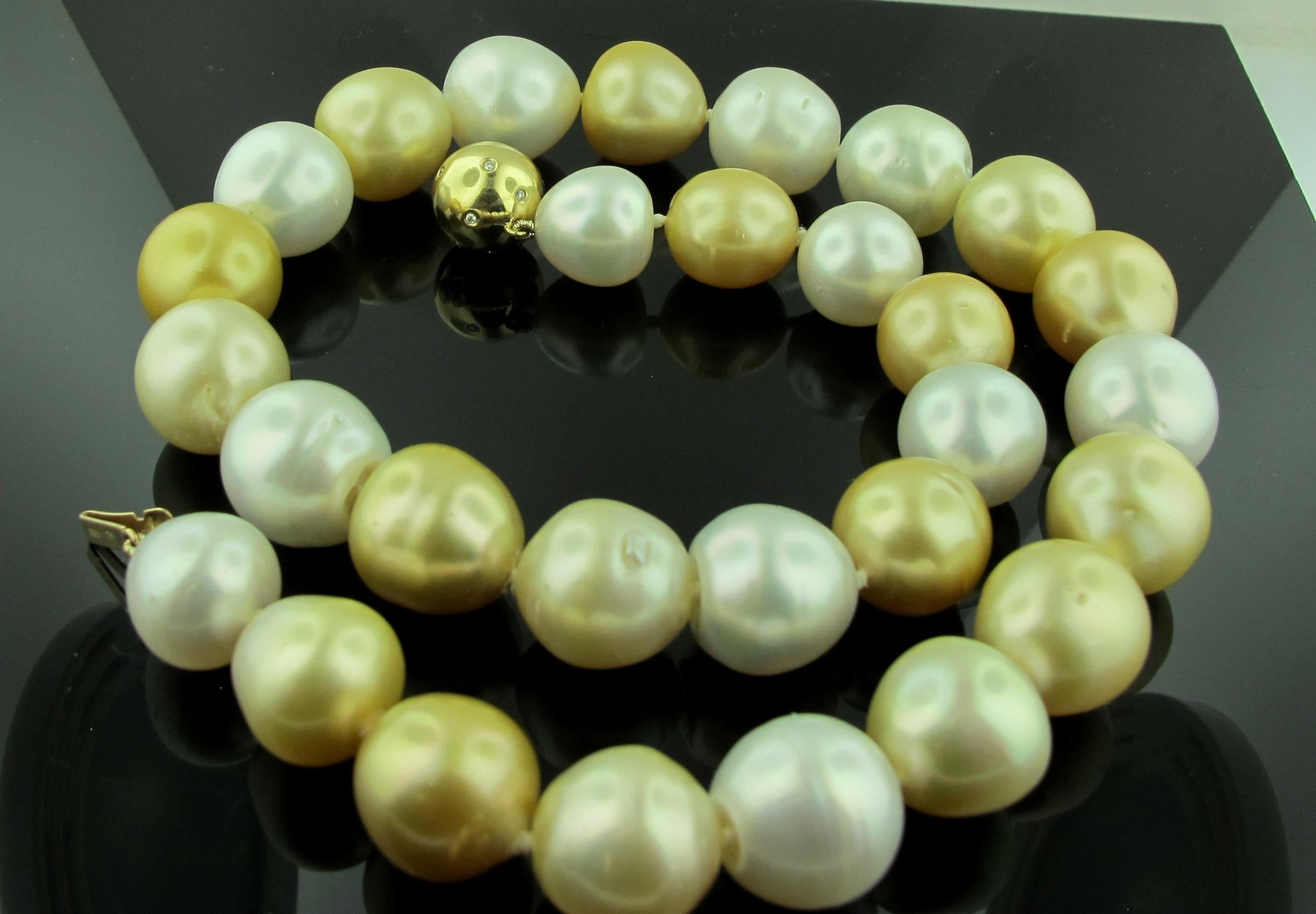Women's or Men's 29 White and Gold Pearl Necklace with a Gold and Diamond Clasp