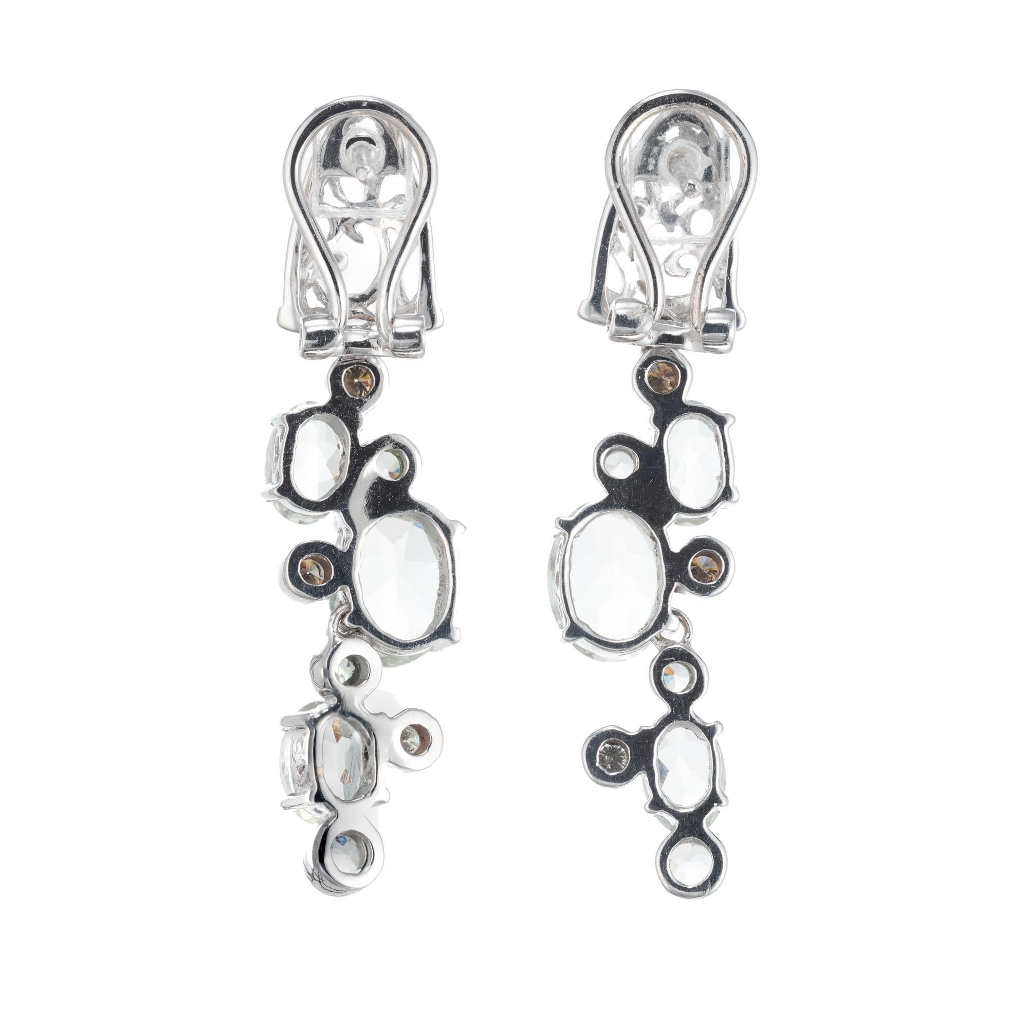 Oval Cut 2.90 Carat Aquamarine Diamond White Gold Dangle Drop Earrings For Sale