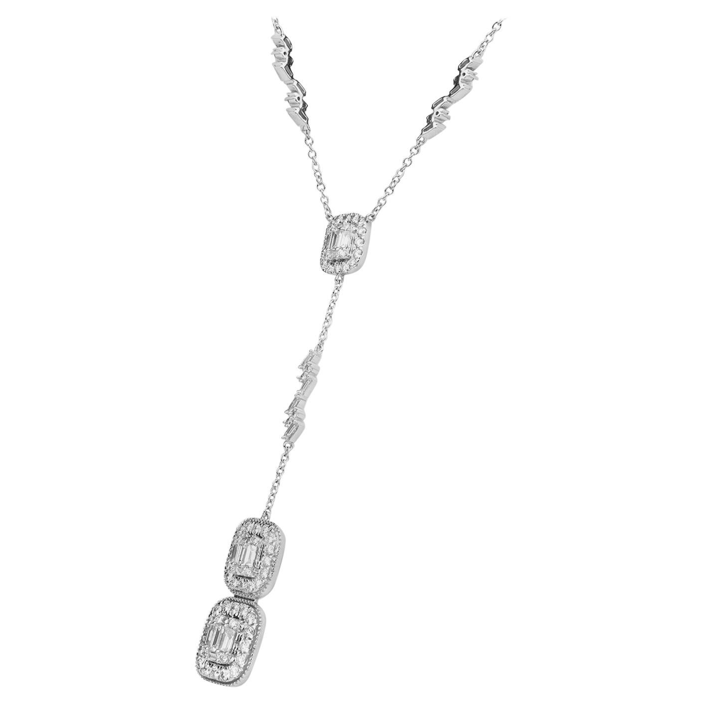 2.90 Carat Baguette and Round Diamond Fashion "Y" Necklace in 14kt White Gold For Sale