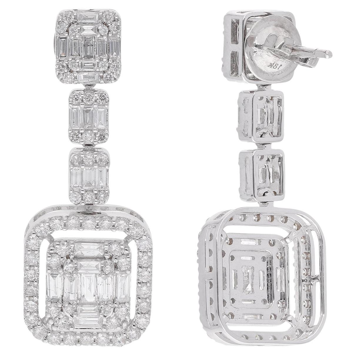 2.90 Carat Baguette Diamond Dangle Earrings 14 Karat White Gold Handmade Jewelry