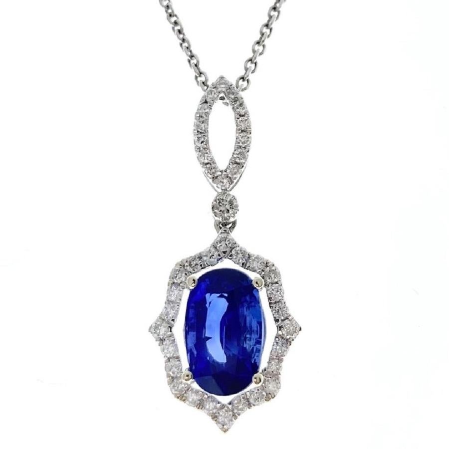 2.90 Carat Blue Oval Sapphire & Diamond Pendant In 14k White Gold