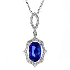 2.90 Carat Blue Oval Sapphire & Diamond Pendant In 14k White Gold