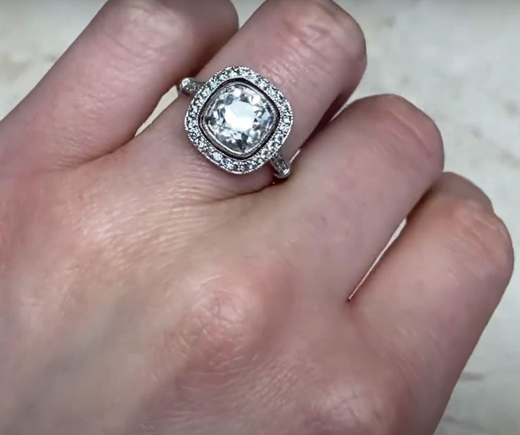 2.90 Carat Cushion Cut Diamond Engagement Ring, Platinum, Diamond Halo For Sale 5
