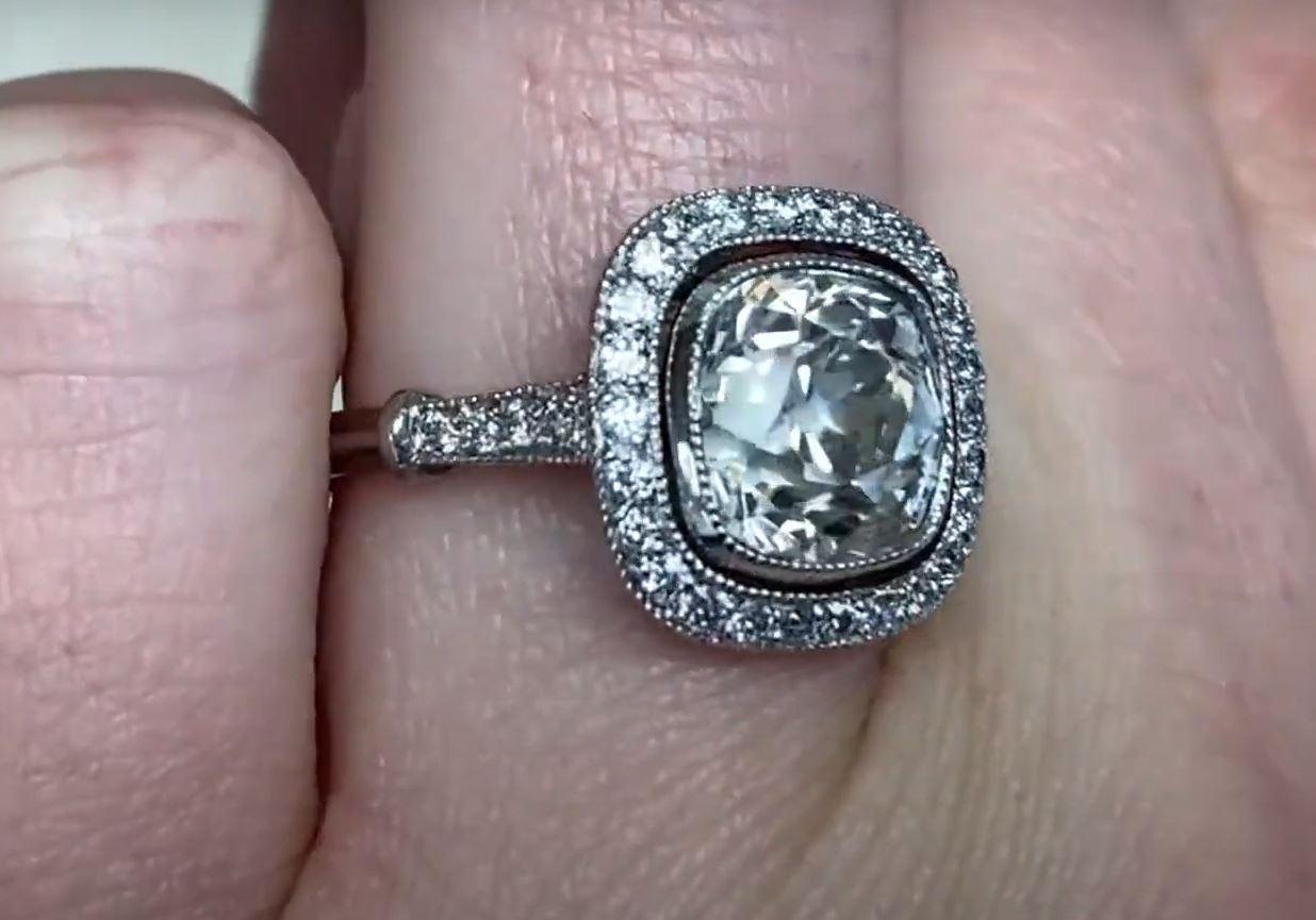 2.90 Carat Cushion Cut Diamond Engagement Ring, Platinum, Diamond Halo For Sale 2