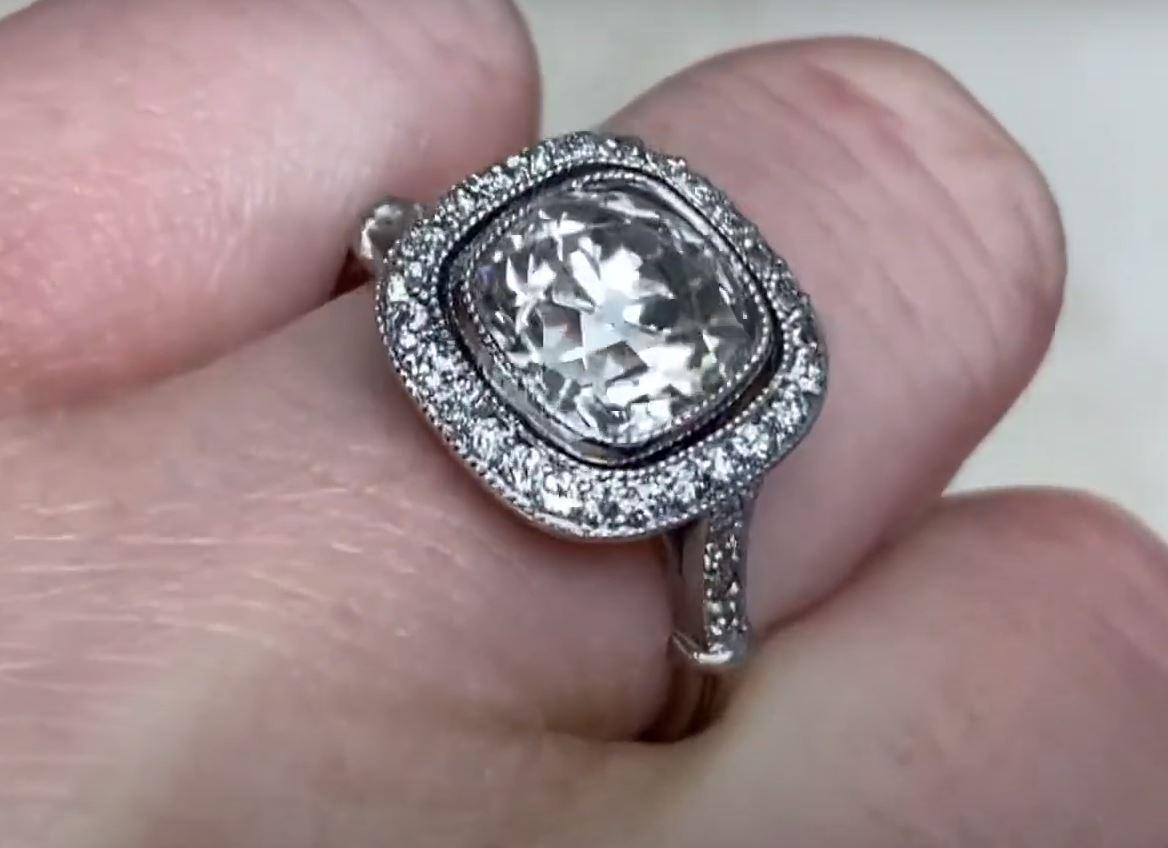 2.90 Carat Cushion Cut Diamond Engagement Ring, Platinum, Diamond Halo For Sale 3