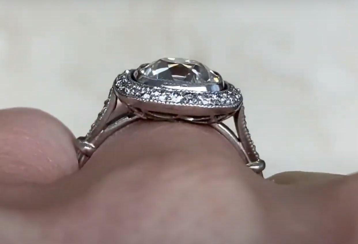 2.90 Carat Cushion Cut Diamond Engagement Ring, Platinum, Diamond Halo For Sale 4