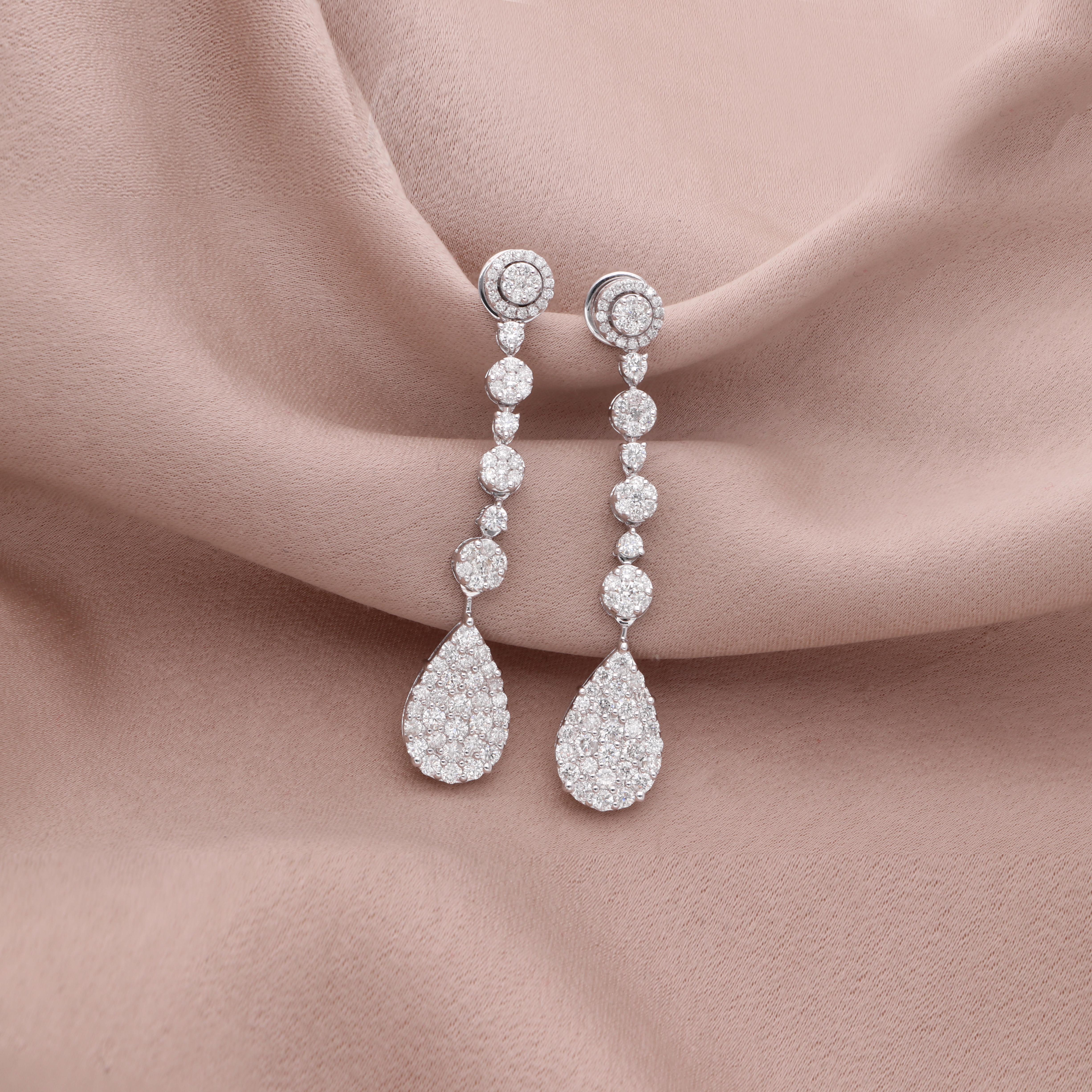 Modern 2.90 Carat Diamond Pave Dangle Earrings 18 Karat White Gold Handmade Jewelry For Sale