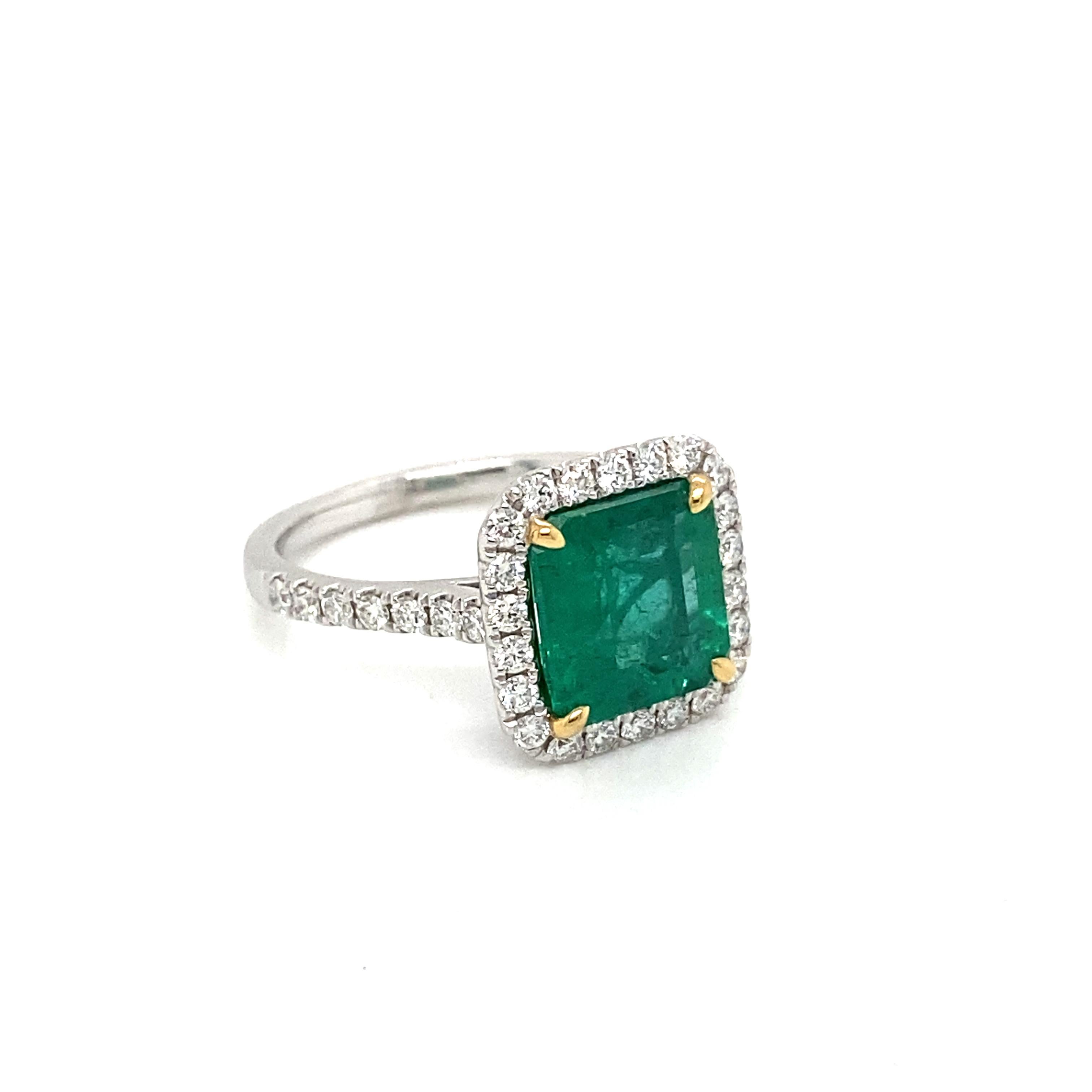 Emerald Cut 2.90 Carat Emerald and Diamond Platinum Ring For Sale