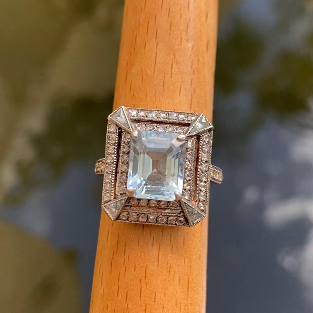 2.90 Carat Emerald-Cut Aquamarine and Diamond Cocktail Ring Estate Fine Jewelry 2