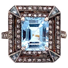 Vintage 2.90 Carat Emerald-Cut Aquamarine and Diamond Cocktail Ring Estate Fine Jewelry