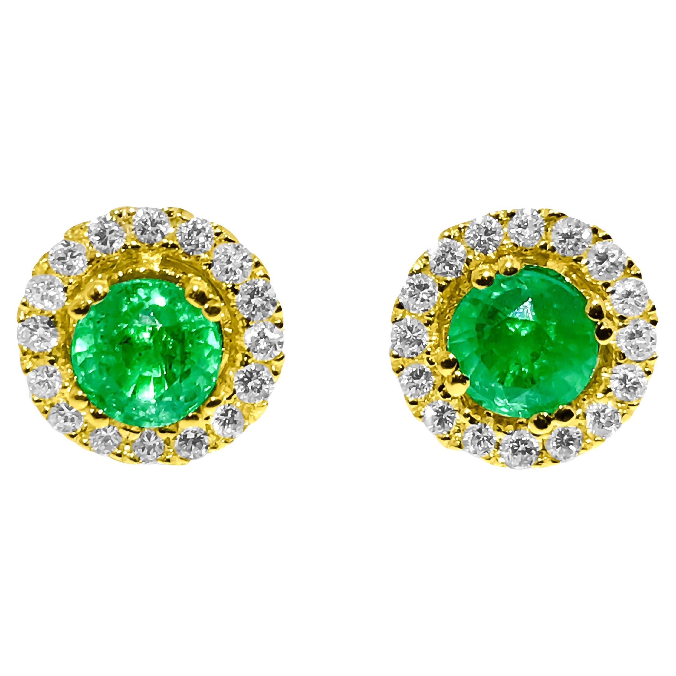2.90 Carat Emerald & G color Diamond Studs in 14K Gold For Sale