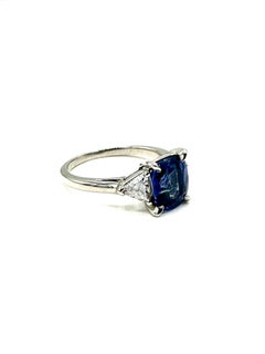 2.90 Carat Natural Cushion Shape Sapphire and Trilliant Diamond Platinum Ring