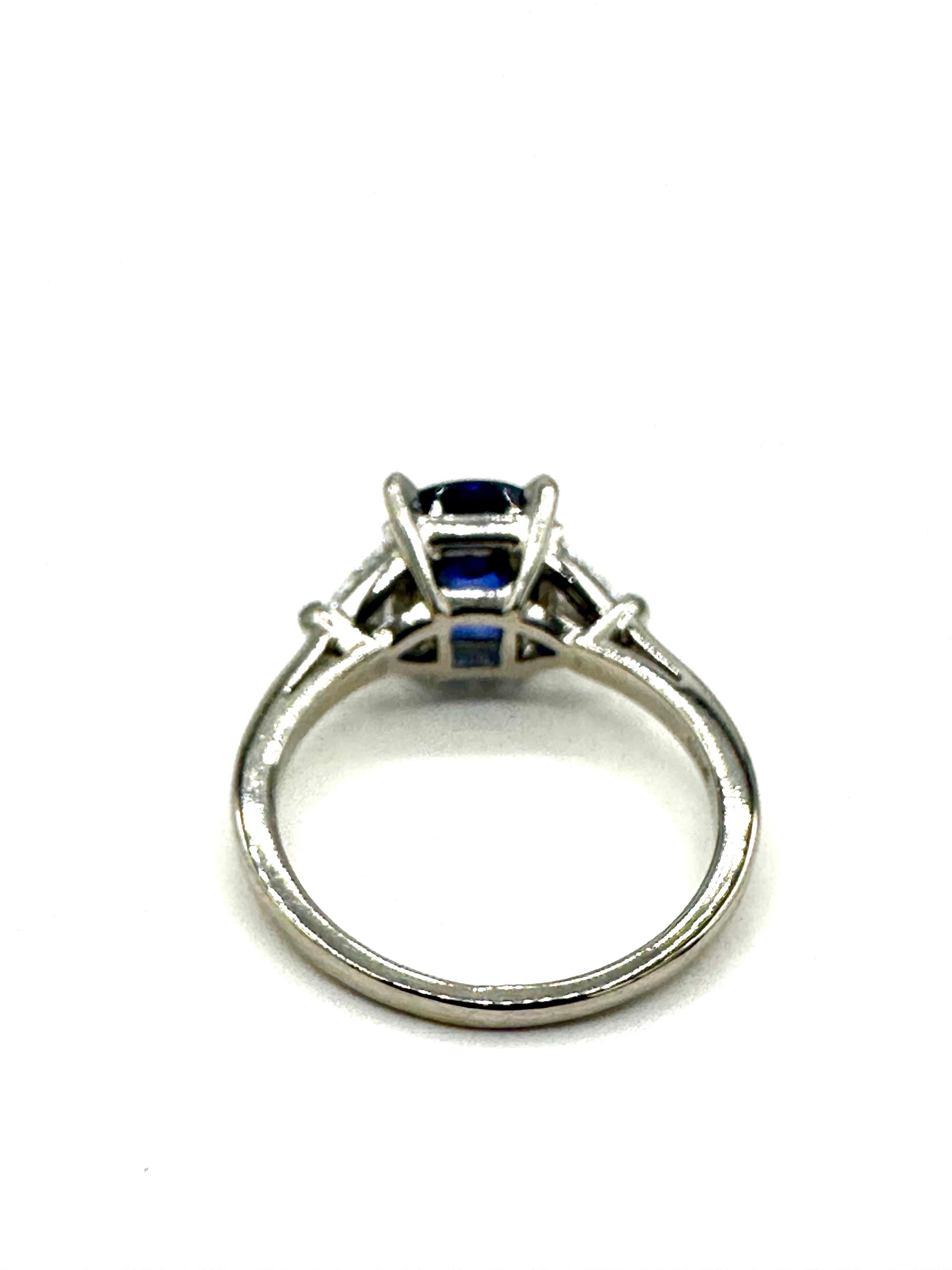 Cushion Cut 2.90 Carat Natural Cushion Shape Sapphire and Trilliant Diamond Platinum Ring For Sale