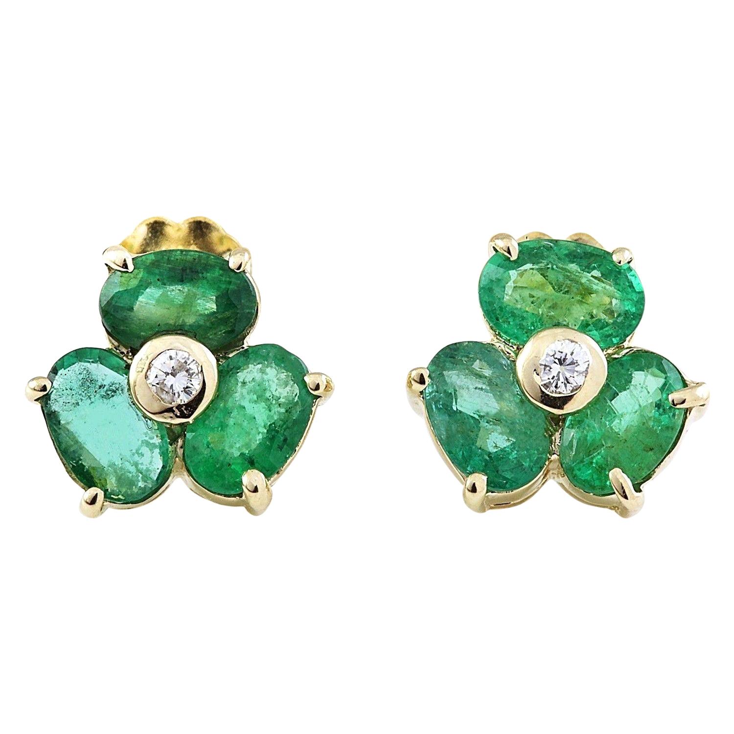 Dazzling Natural Emerald Diamond Stud Earrings 14 Karat Solid Yellow Gold  For Sale