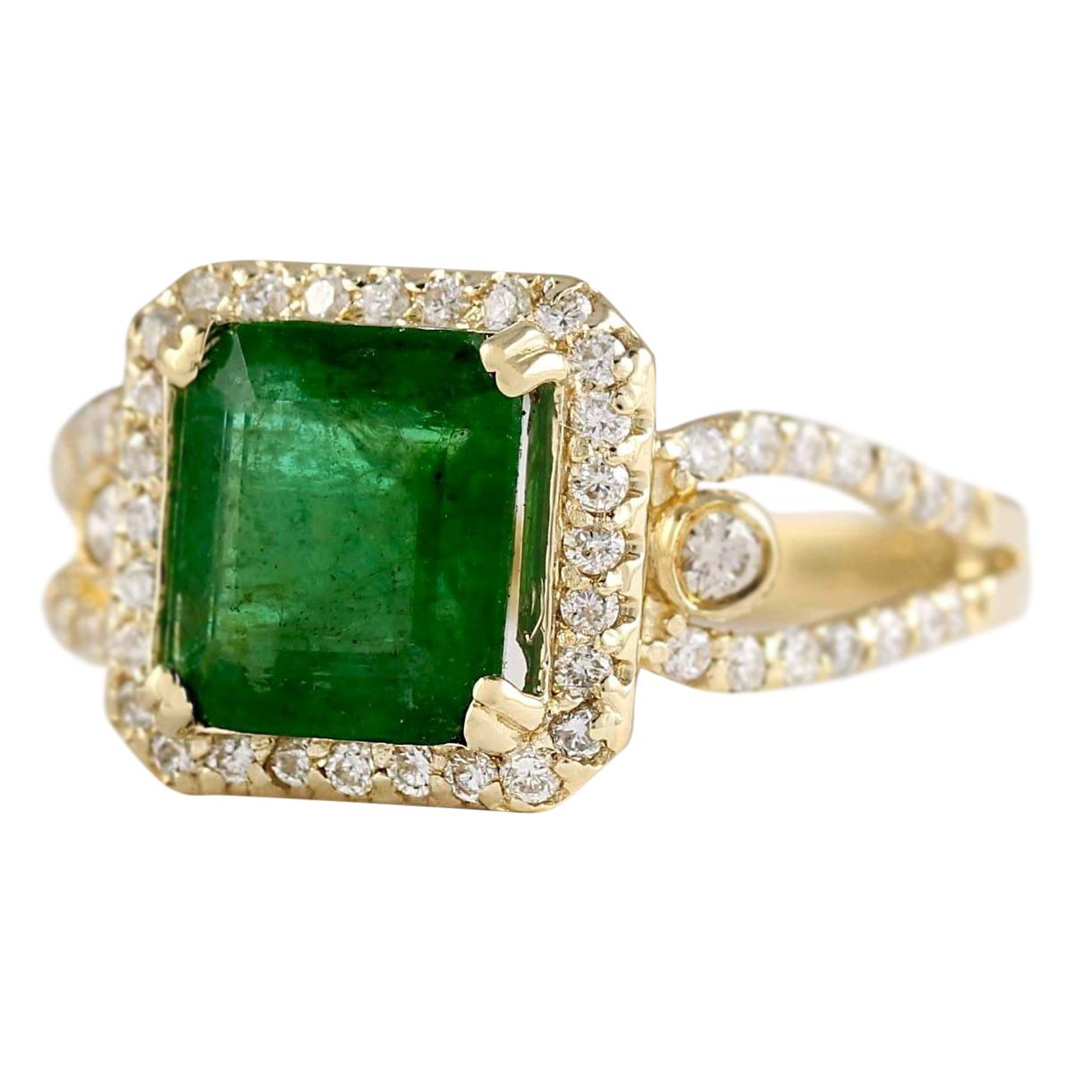 2.90 Carat Natural Emerald 14 Karat Yellow Gold Diamond Ring
Stamped: 184K Yellow Gold
Total Ring Weight: 5.0 Grams
Total Natural Emerald Weight is 2.35 Carat (Measures: 8.50x8.50 mm)
Color: Green
Total Natural Diamond Weight is 0.55 Carat
Color: