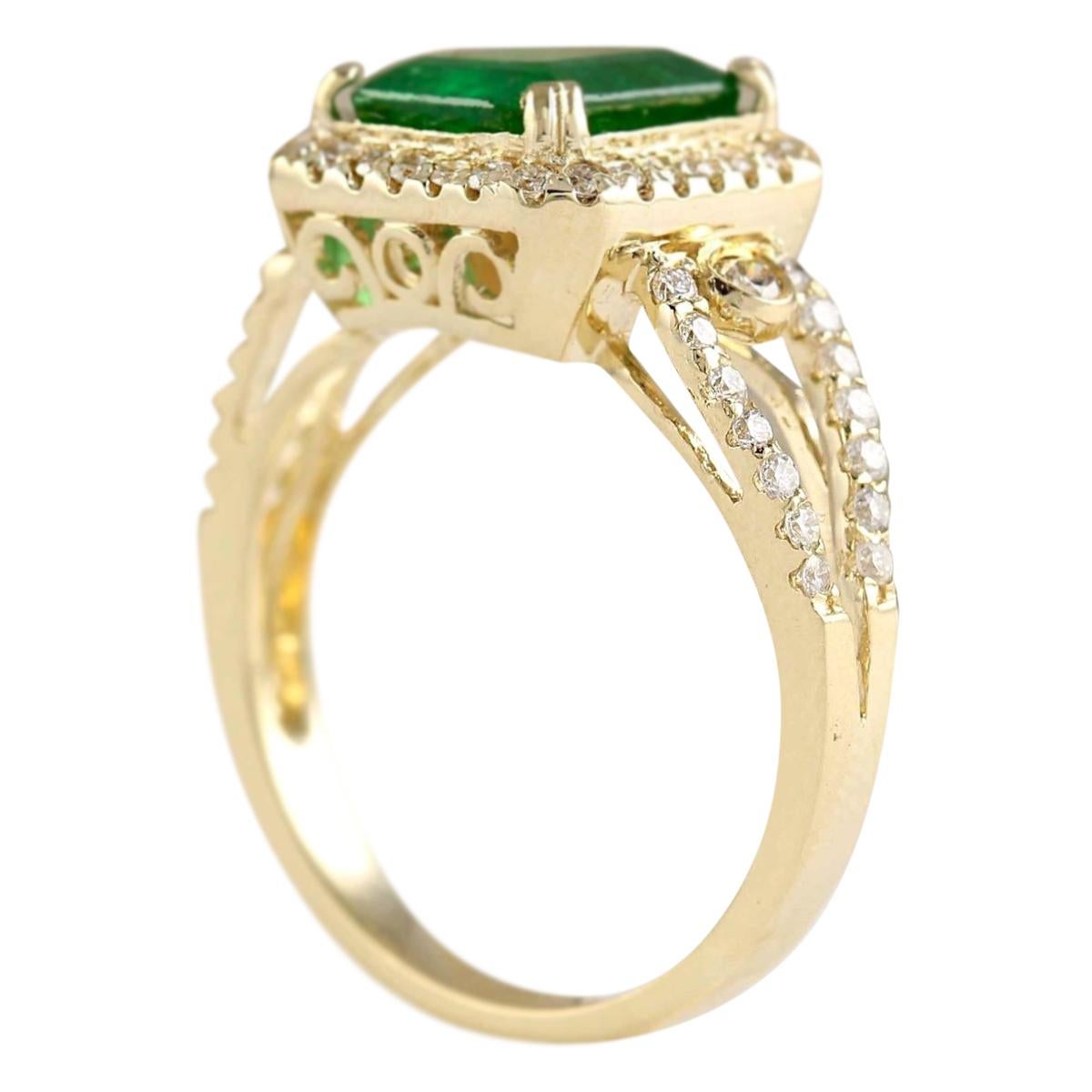 Emerald Cut Natural Emerald 14 Karat Yellow Gold Diamond Ring For Sale