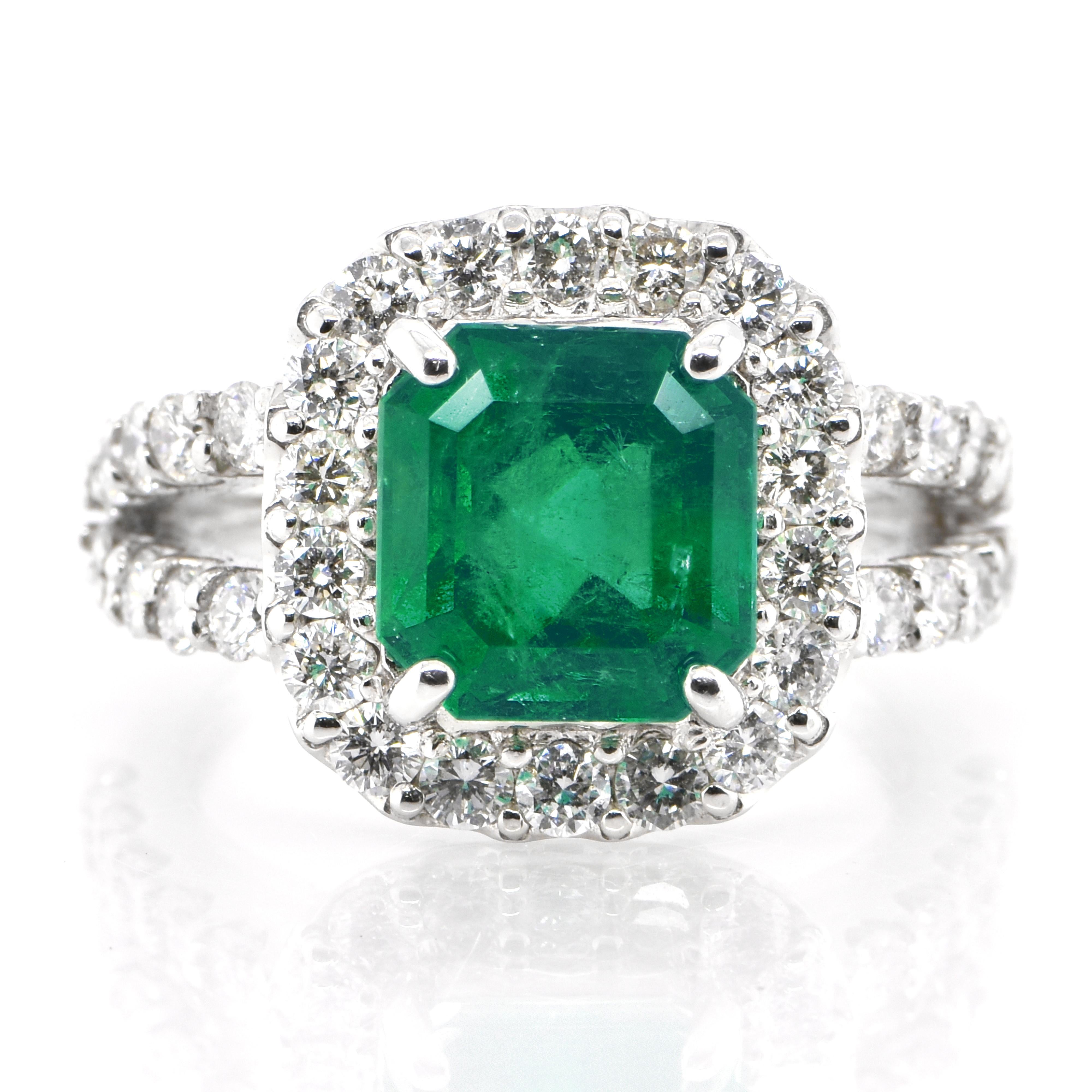 A stunning cocktail halo ring featuring a 2.90 Carat Natural Emerald and 1.14 Carats of Diamond Accents set in Platinum. People have admired emerald’s green for thousands of years. Emeralds have always been associated with the lushest landscapes and