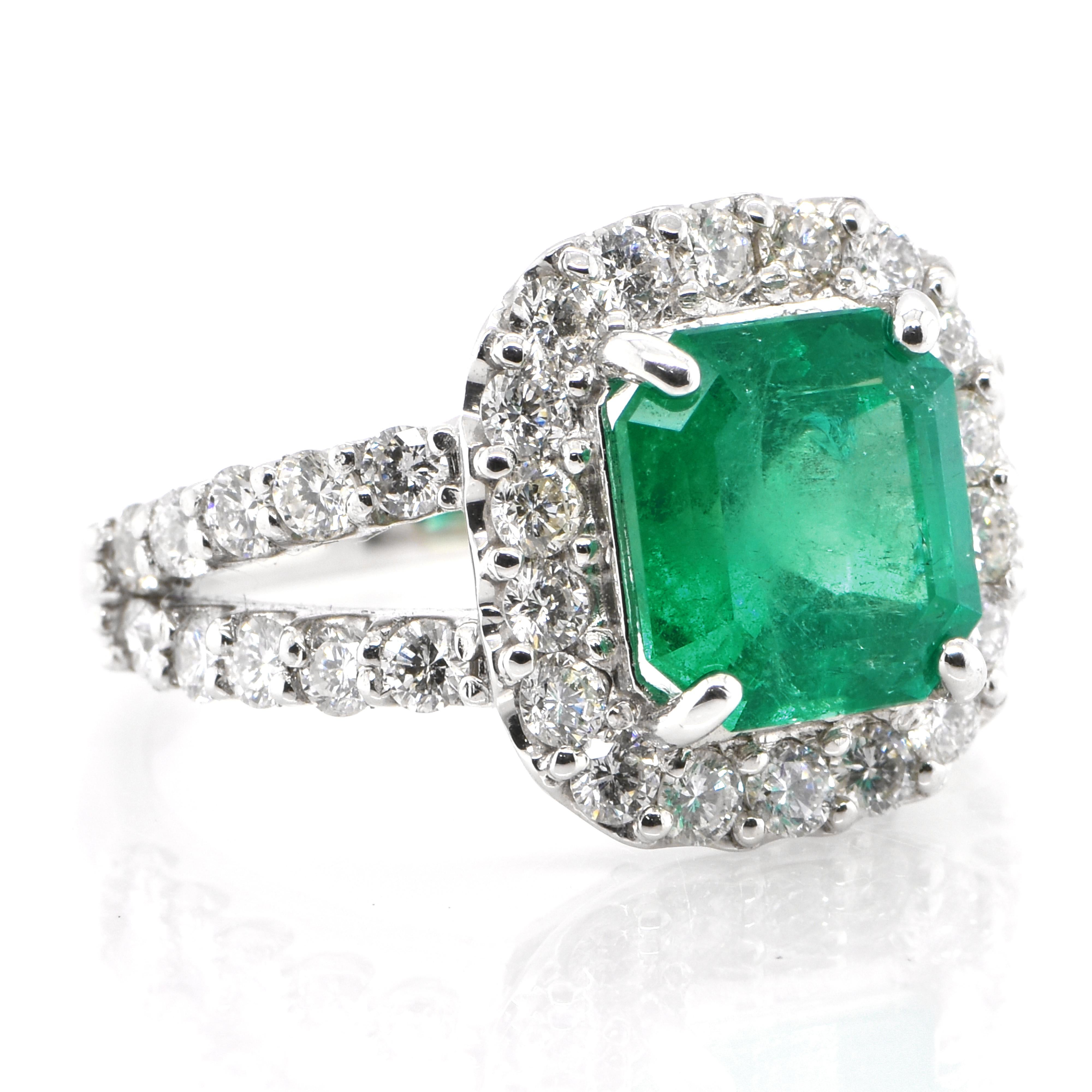 Emerald Cut 2.90 Carat Natural Emerald and Diamond Halo Ring Set in Platinum