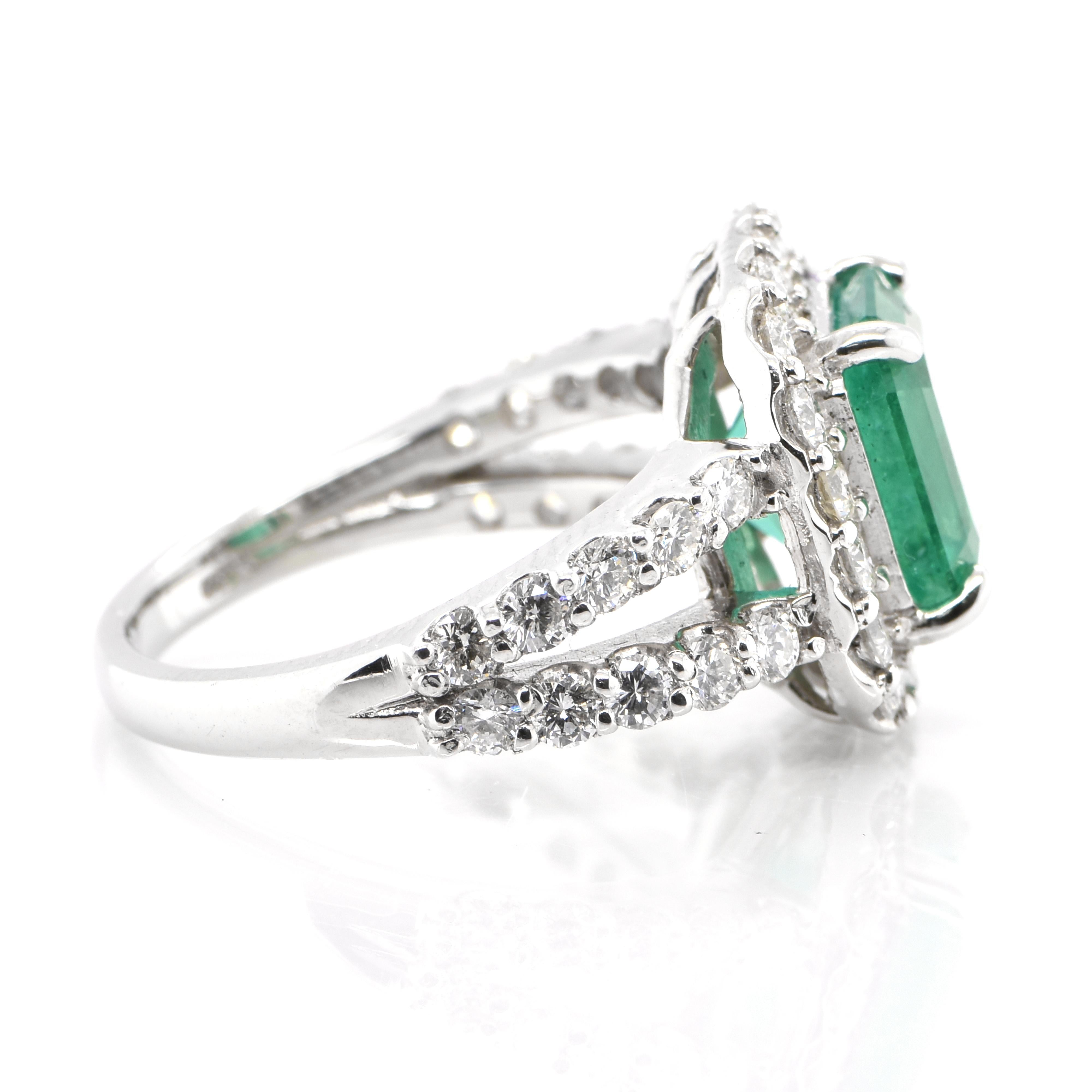 Women's 2.90 Carat Natural Emerald and Diamond Halo Ring Set in Platinum