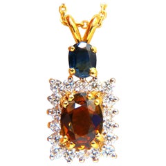 2.90 Carat Natural Orange and Blue Sapphire Diamonds Drop Necklace 14 Karat