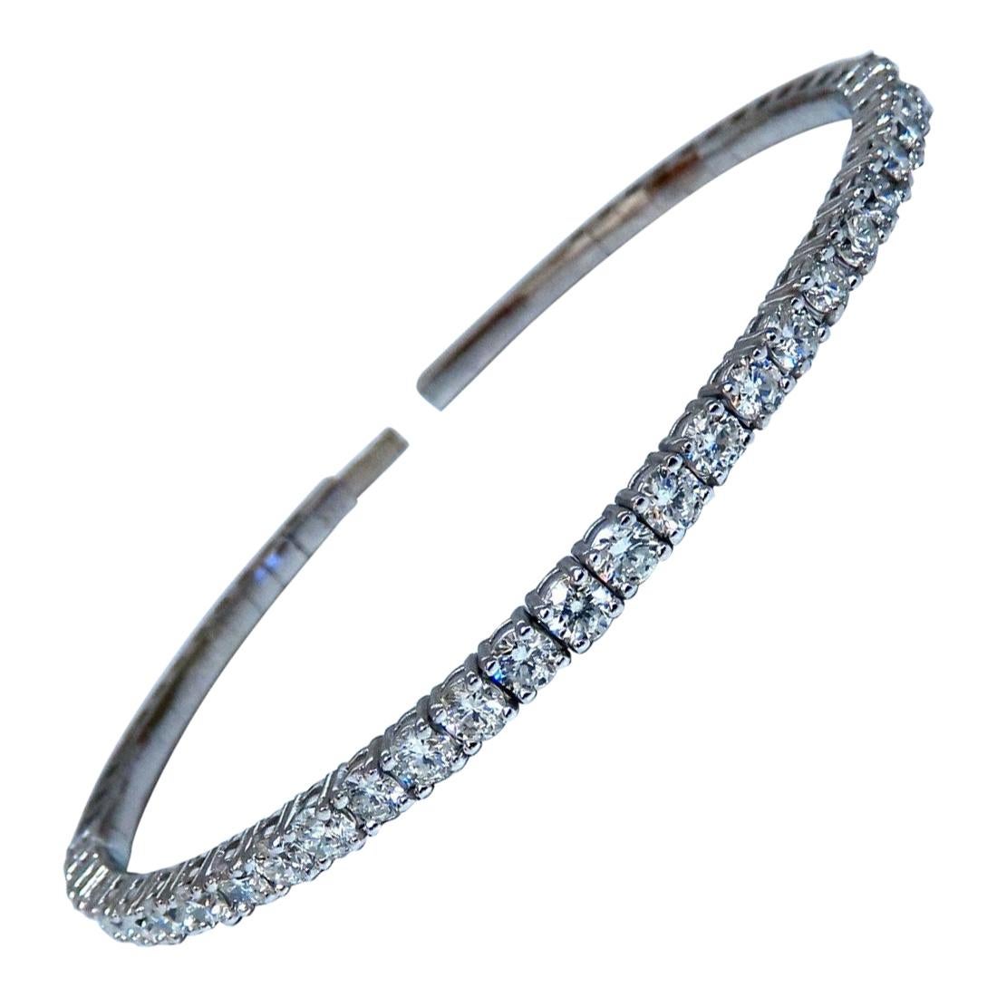 2.90 Carat Natural Round Diamonds Flexible Tennis Bangle Bracelet 14 Karat For Sale